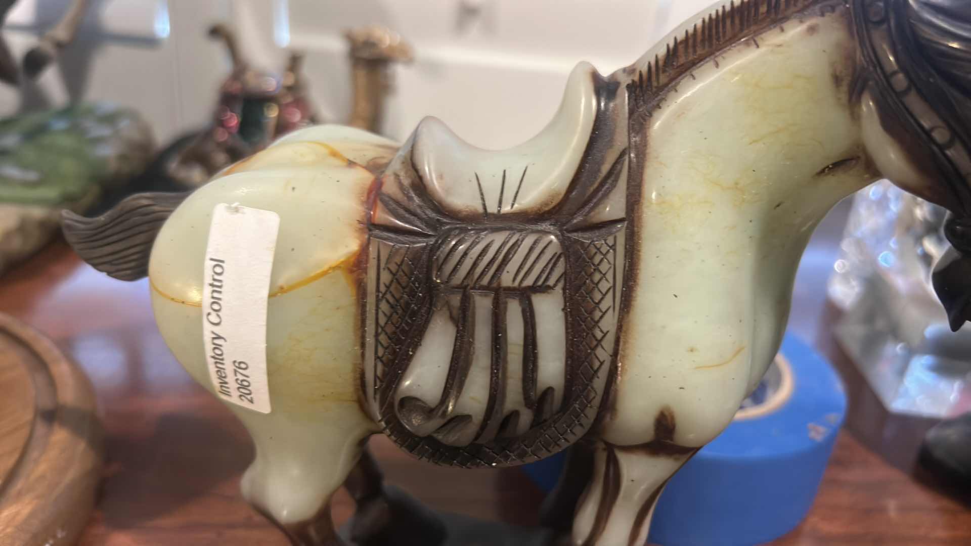 Photo 1 of ANTIQUE CHINESE SADDLED HORSE JADE SCULPTURE. H7”