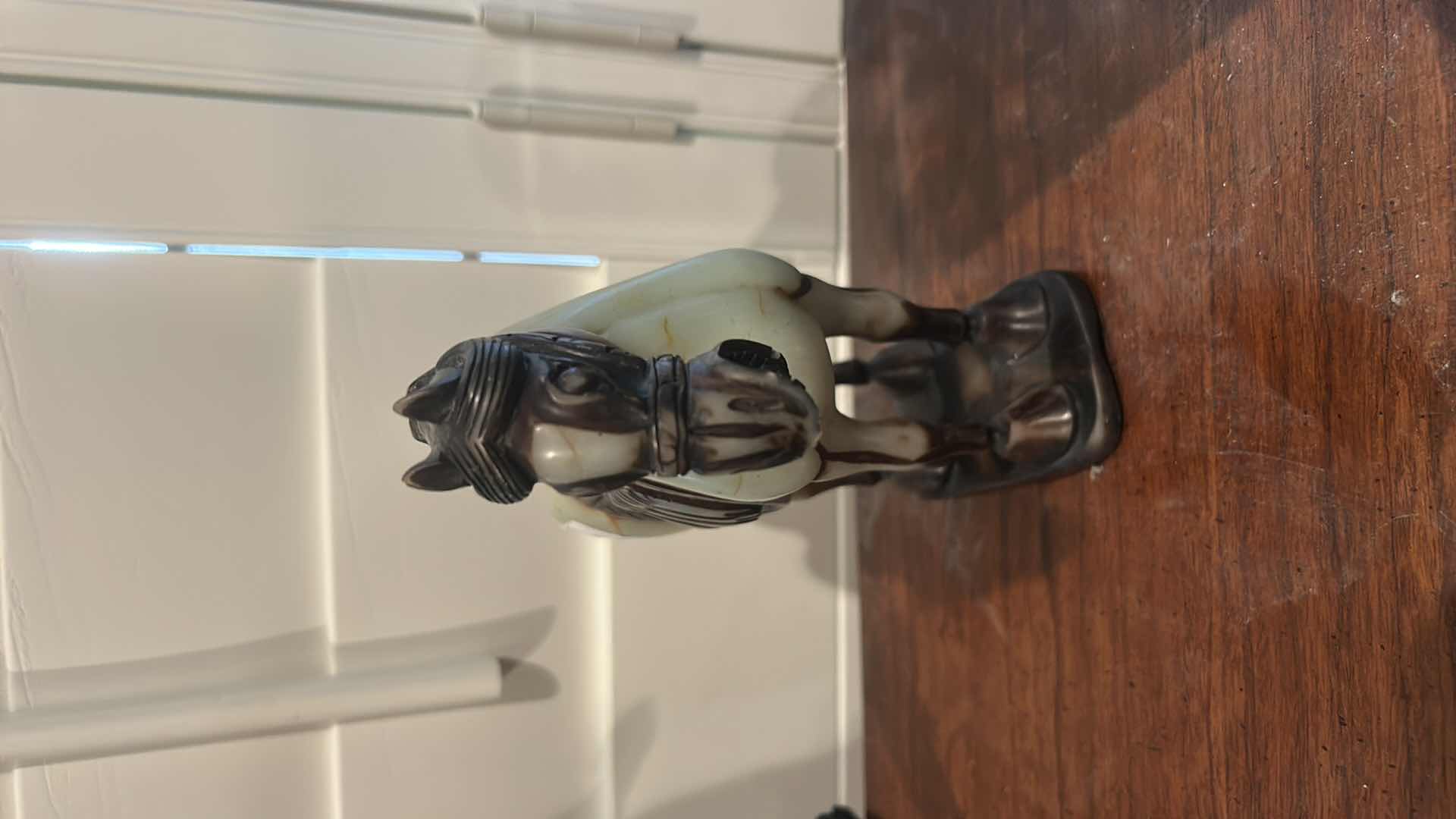 Photo 1 of ANTIQUE CHINESE SADDLED HORSE JADE SCULPTURE. H7”