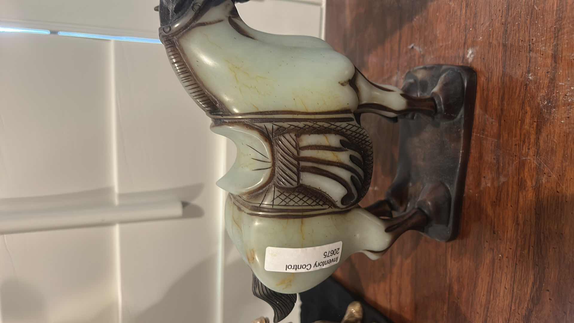 Photo 1 of ANTIQUE CHINESE SADDLED HORSE JADE SCULPTURE. H7”