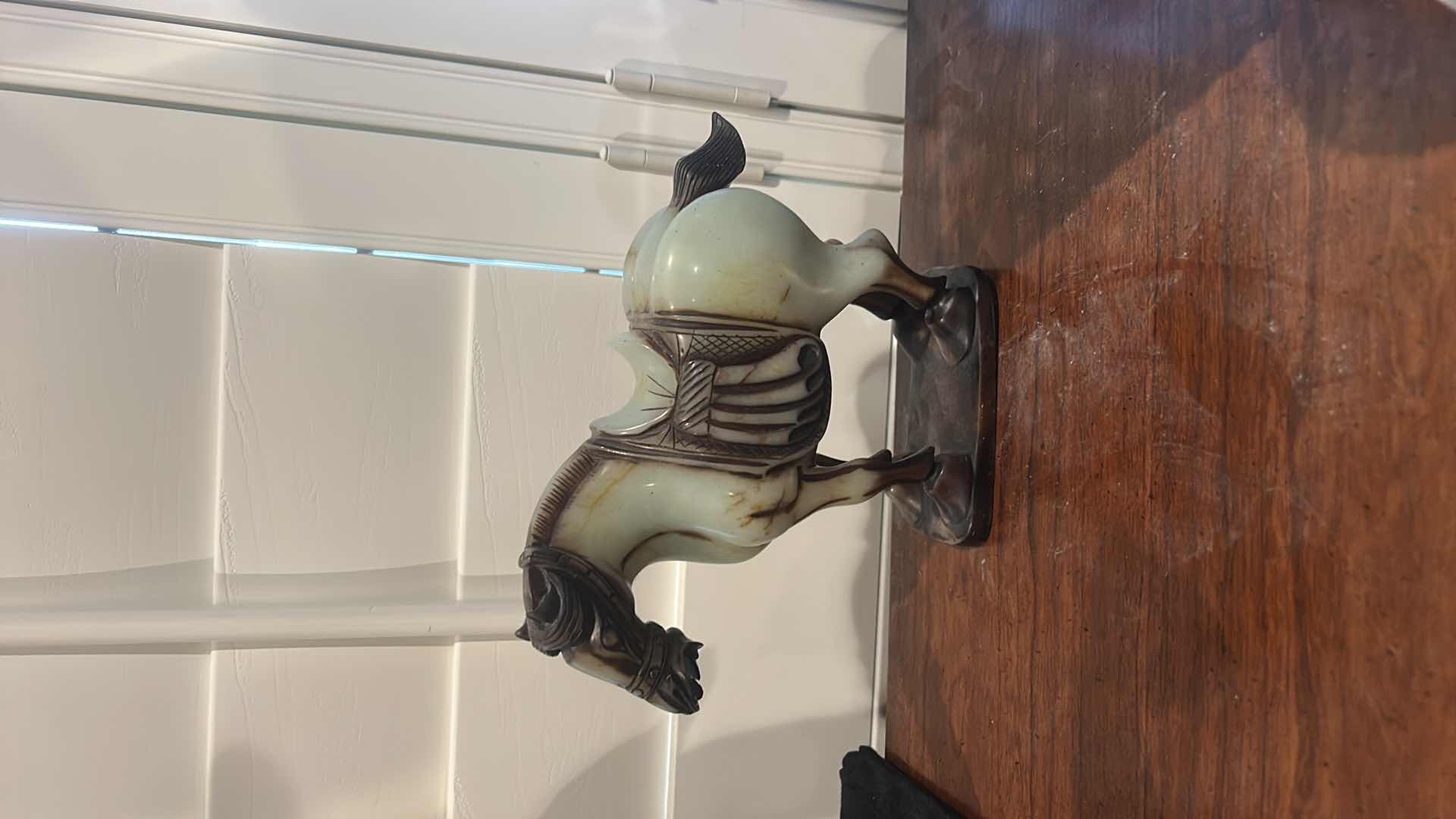 Photo 1 of ANTIQUE CHINESE SADDLED HORSE JADE SCULPTURE. H7”