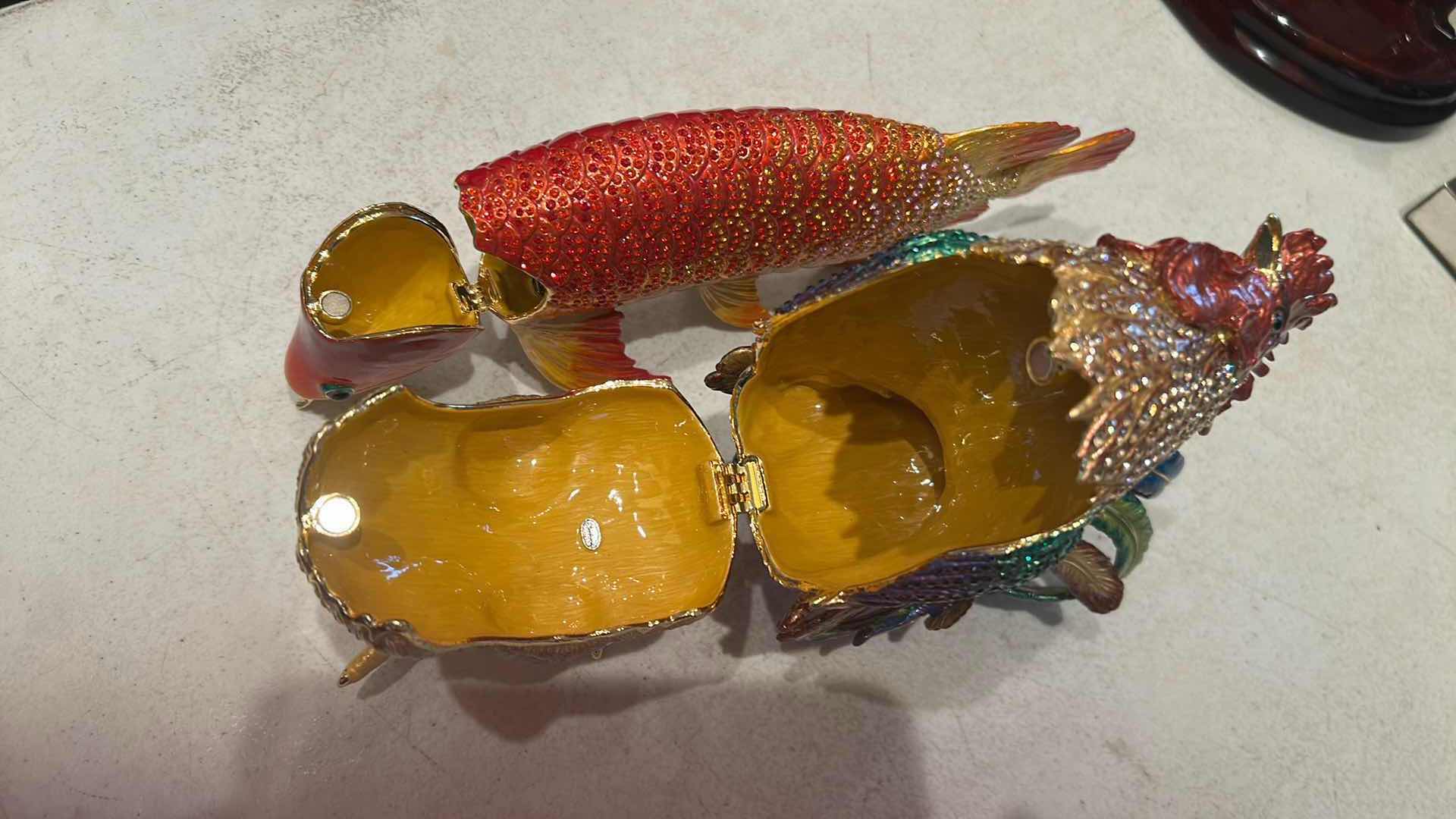 Photo 1 of 2- ENAMEL ANIMAL CRYSTAL STUDDED TRINKET BOXES FISH 10"ROOSTER 7"
