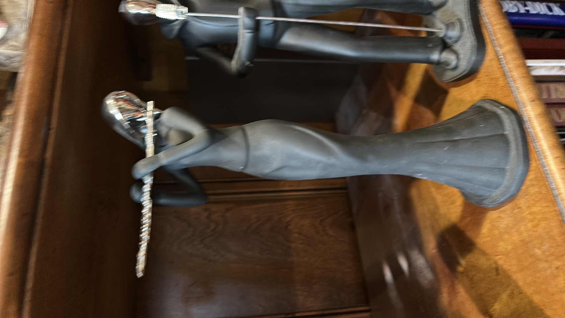 Photo 1 of 6 BLACK AND SILVER MUSICAL INSTRUMENT-PLAYING FIGURINES H 12”.