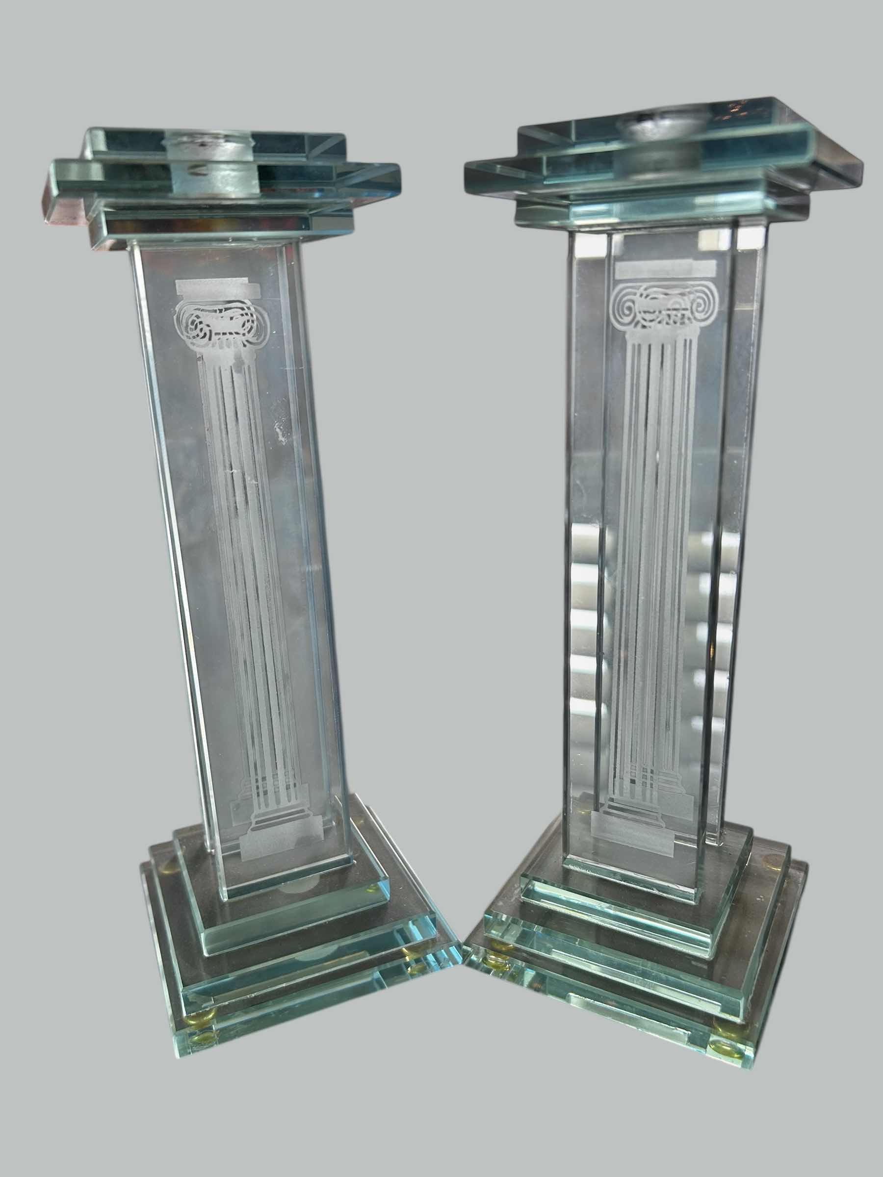 Photo 1 of 2- MID CENTURY MODERN GLASS COLUMN CANDLE STICKS H 10"