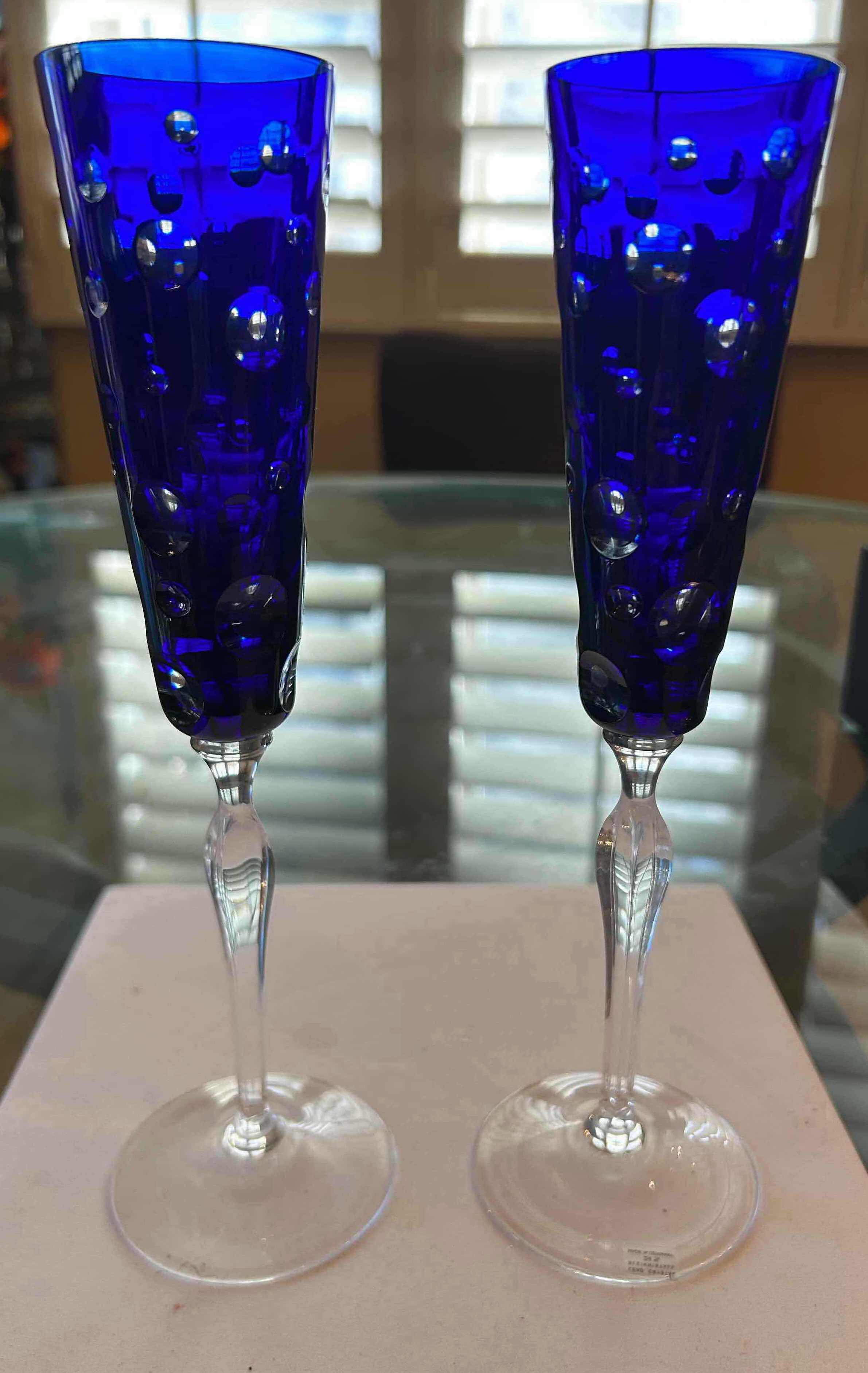 Photo 1 of 2- SAKS FIFTH AVENUE AJKA LEAD CRYSTAL COBALT BLUE FLUTES W BOX