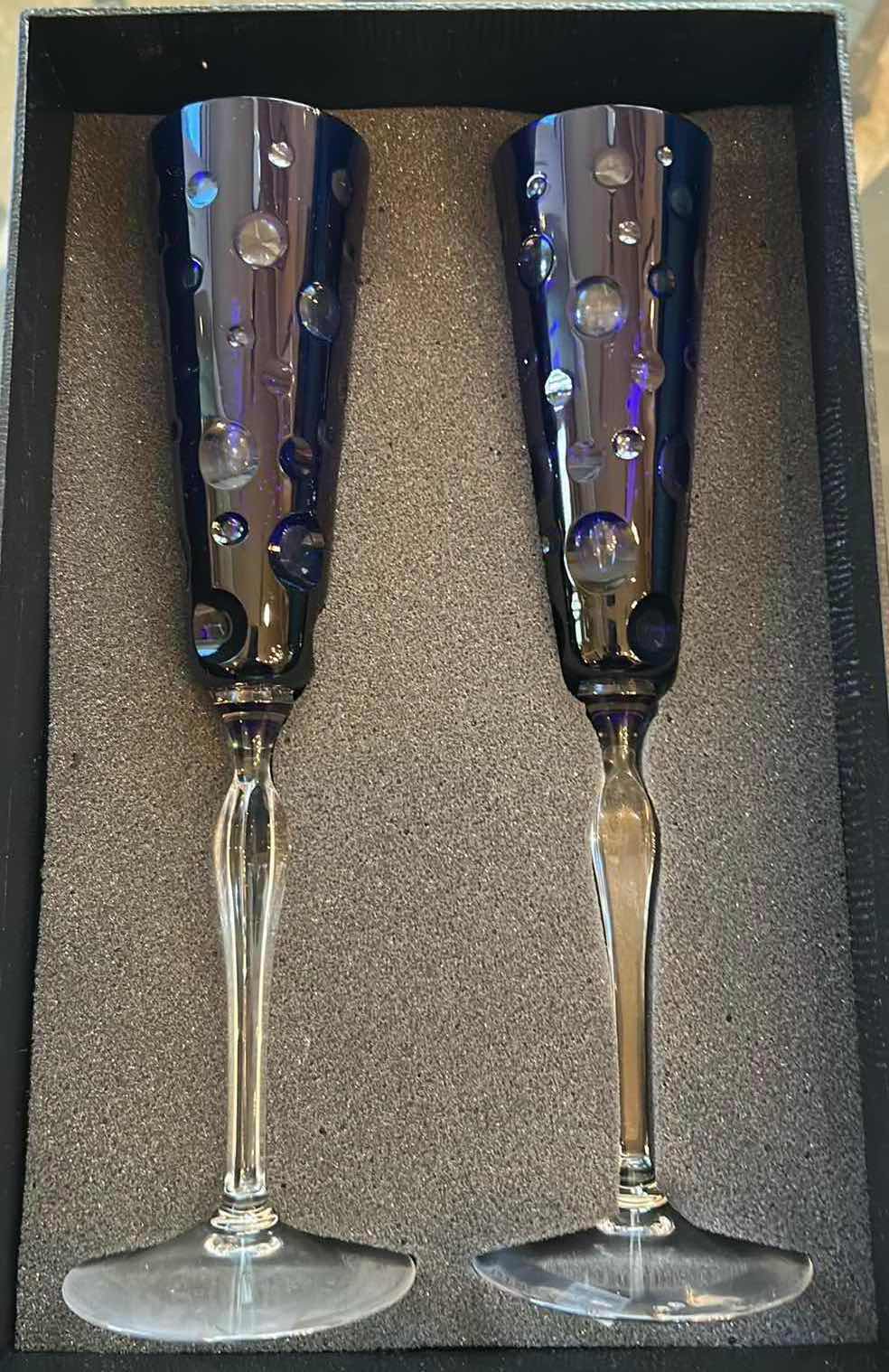 Photo 1 of 2- SAKS FIFTH AVENUE AJKA LEAD CRYSTAL COBALT BLUE FLUTES W BOX