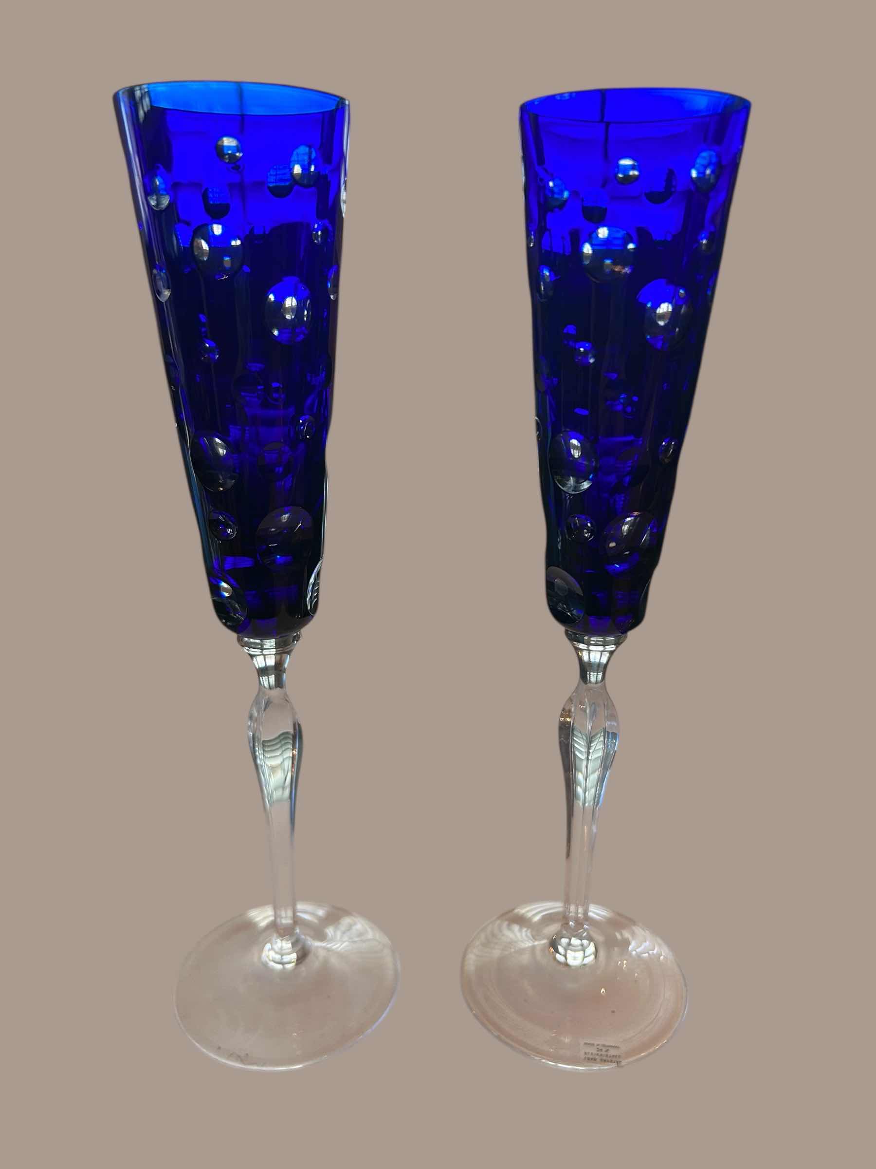 Photo 1 of 2- SAKS FIFTH AVENUE AJKA LEAD CRYSTAL COBALT BLUE FLUTES W BOX