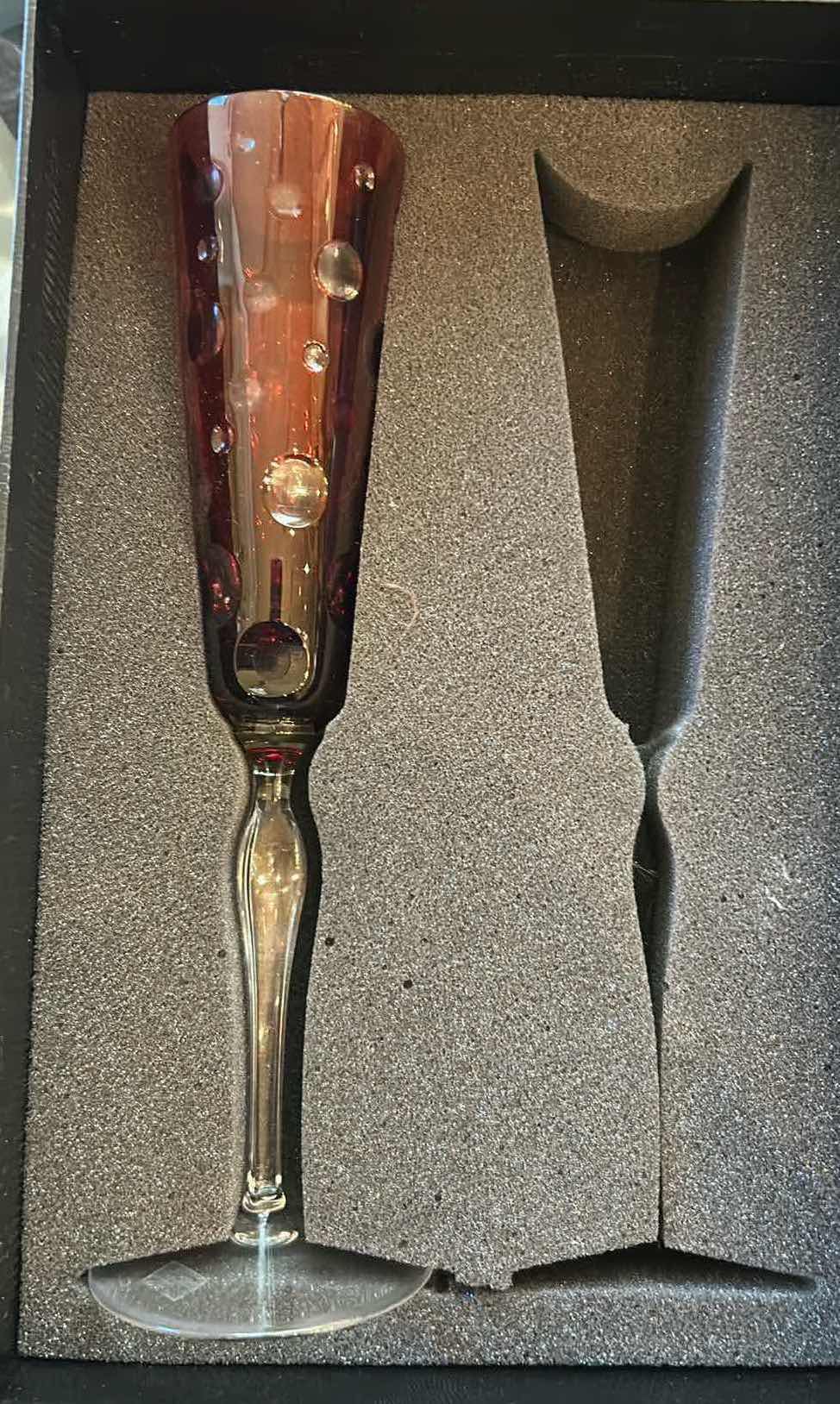 Photo 1 of 3- SAKS FIFTH AVENUE LEAD CRYSTAL RED FLUTES W BOX