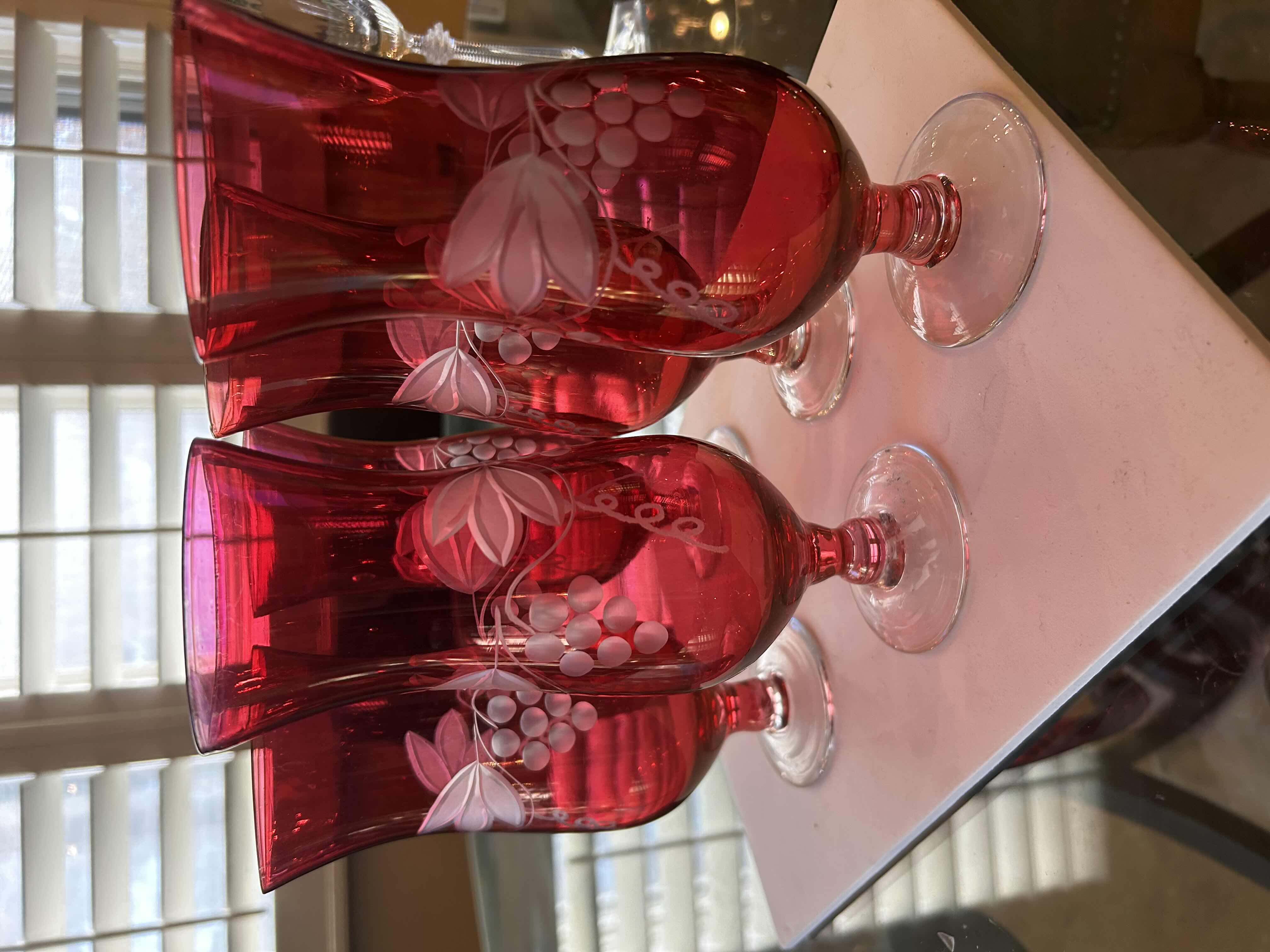 Photo 1 of 5-CRANBERRY GLASS RED ETCHED GRAPE DESIGN GOBLETS