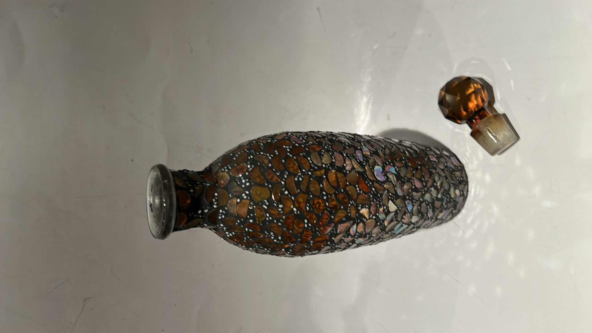 Photo 1 of AMBER GLASS MOSAIC DECORATIVE BOTTLE/ DECANTER . H13”