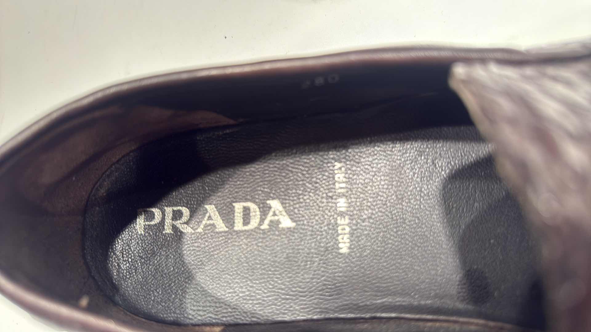 Photo 1 of DESIGNER PRADA BROWN LEATHER SKIN LOAFER SHOES (SIZE 9)
