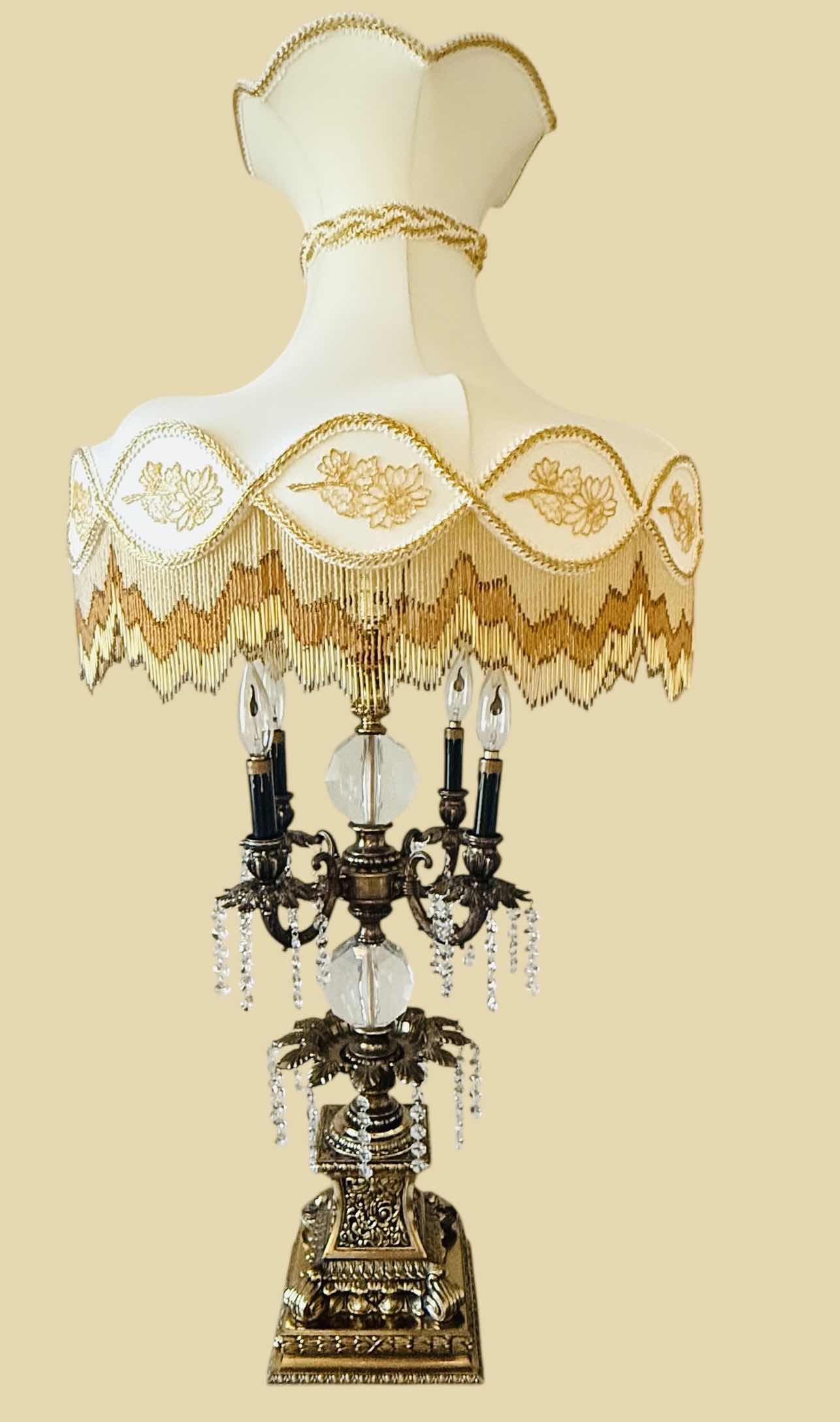 Photo 1 of RARE AZZOLIN BROTHERS ITALIAN PROVINCIAL SOLID BRASS W CRYSTAL CANDELABRA TABLE LAMP W TULIP GOLD BEADED SHADE H48” W 22”