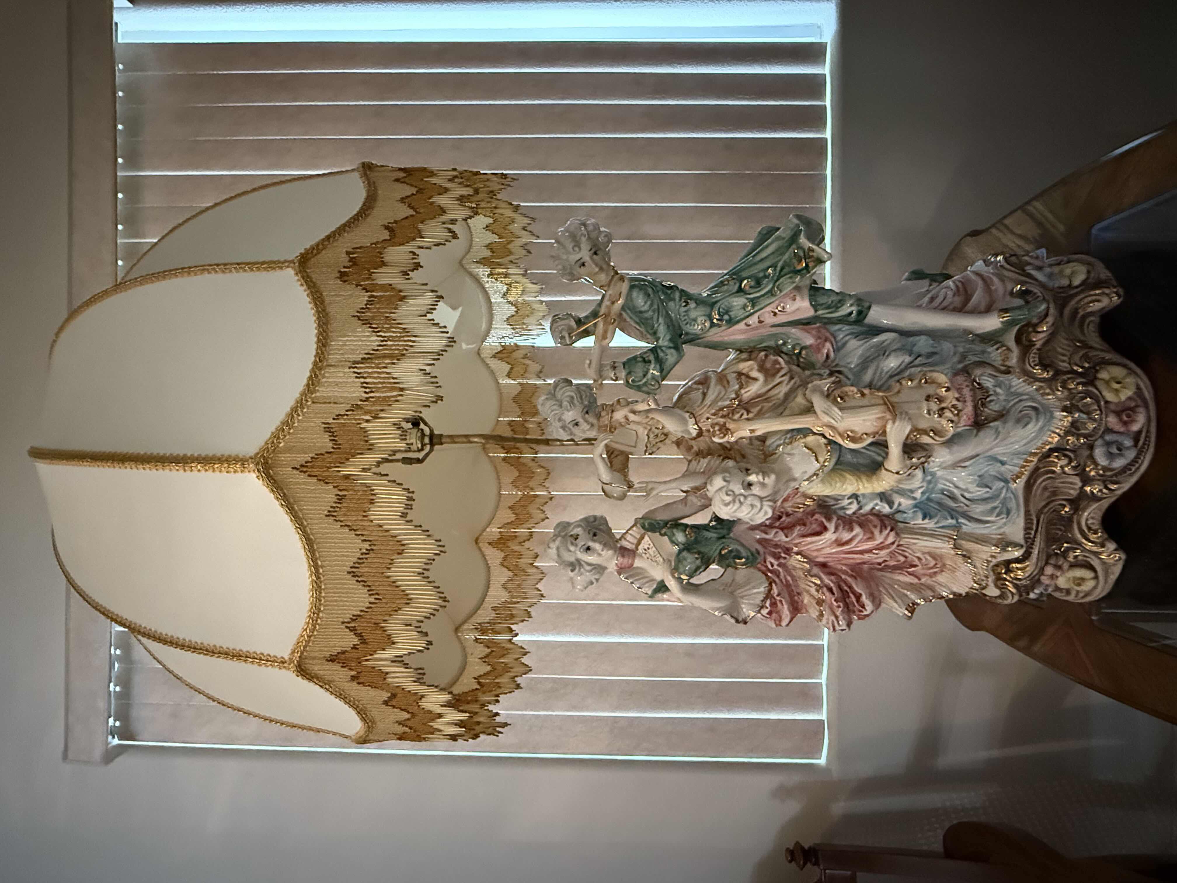 Photo 1 of ANTIQUE MID CENTURY ITALIAN PORCELAIN TABLE LAMP W DANGLE GOLD BEADED SHADE H50” W26”