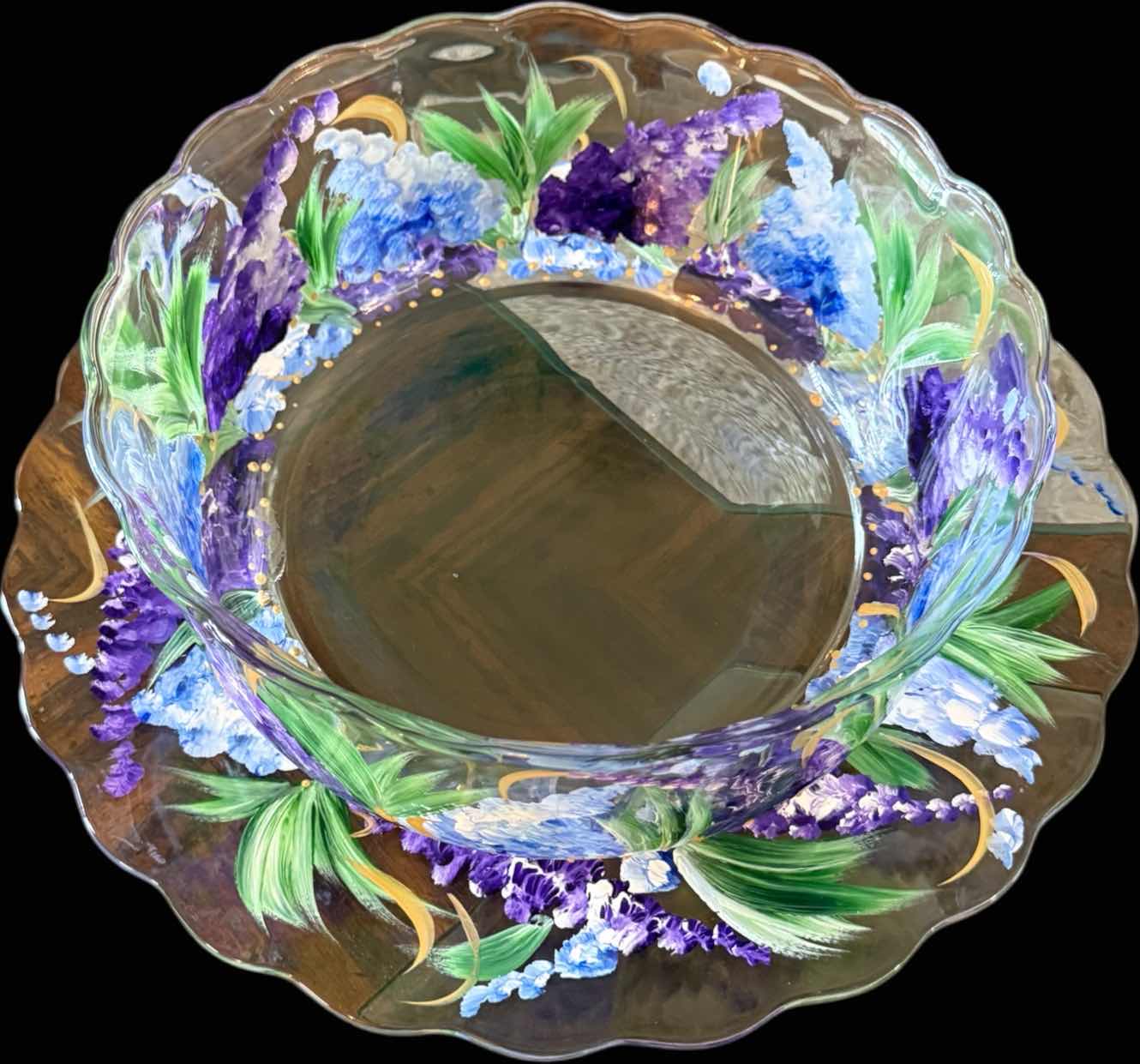 Photo 1 of PAINTED FLORAL GLASS BOWL ON MATCHING FLORAL PLATE BOWL D10” PLATE D14”