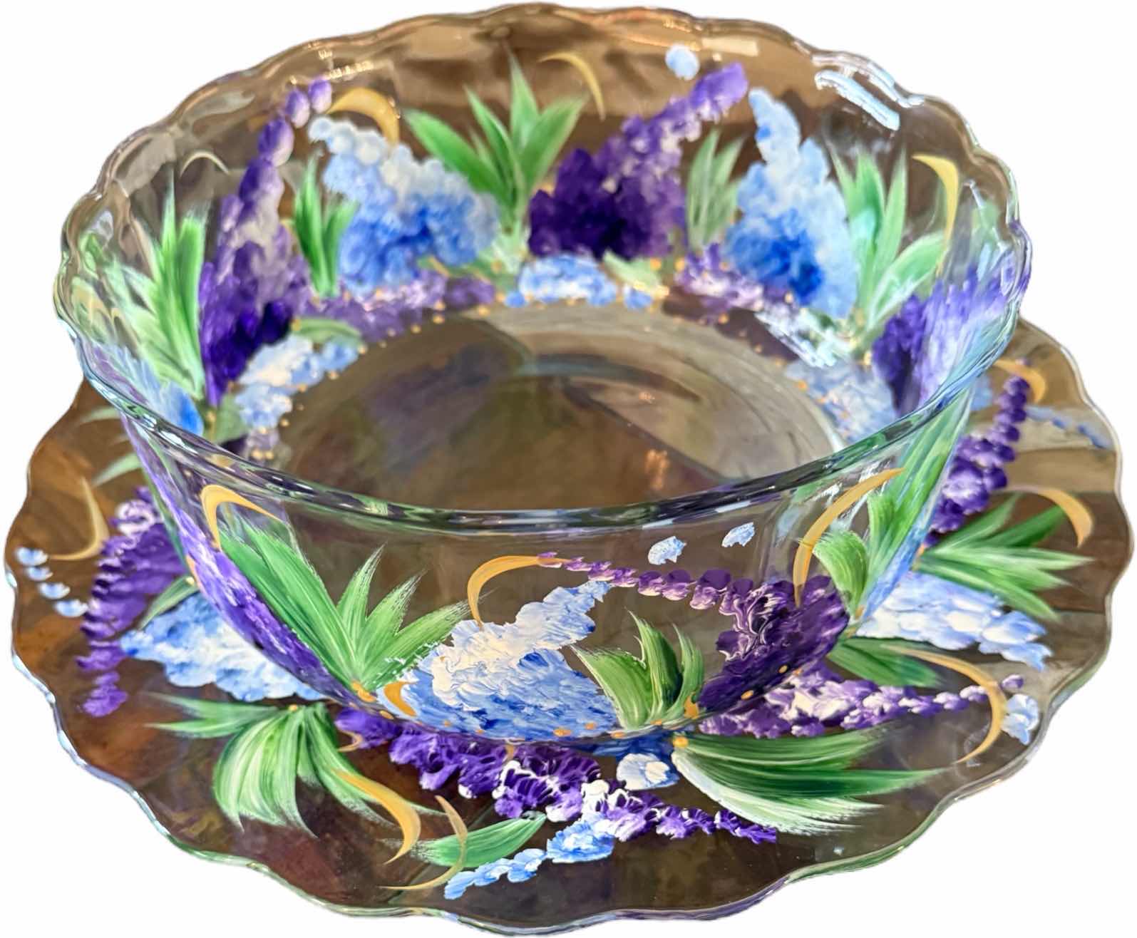 Photo 1 of PAINTED FLORAL GLASS BOWL ON MATCHING FLORAL PLATE BOWL D10” PLATE D14”