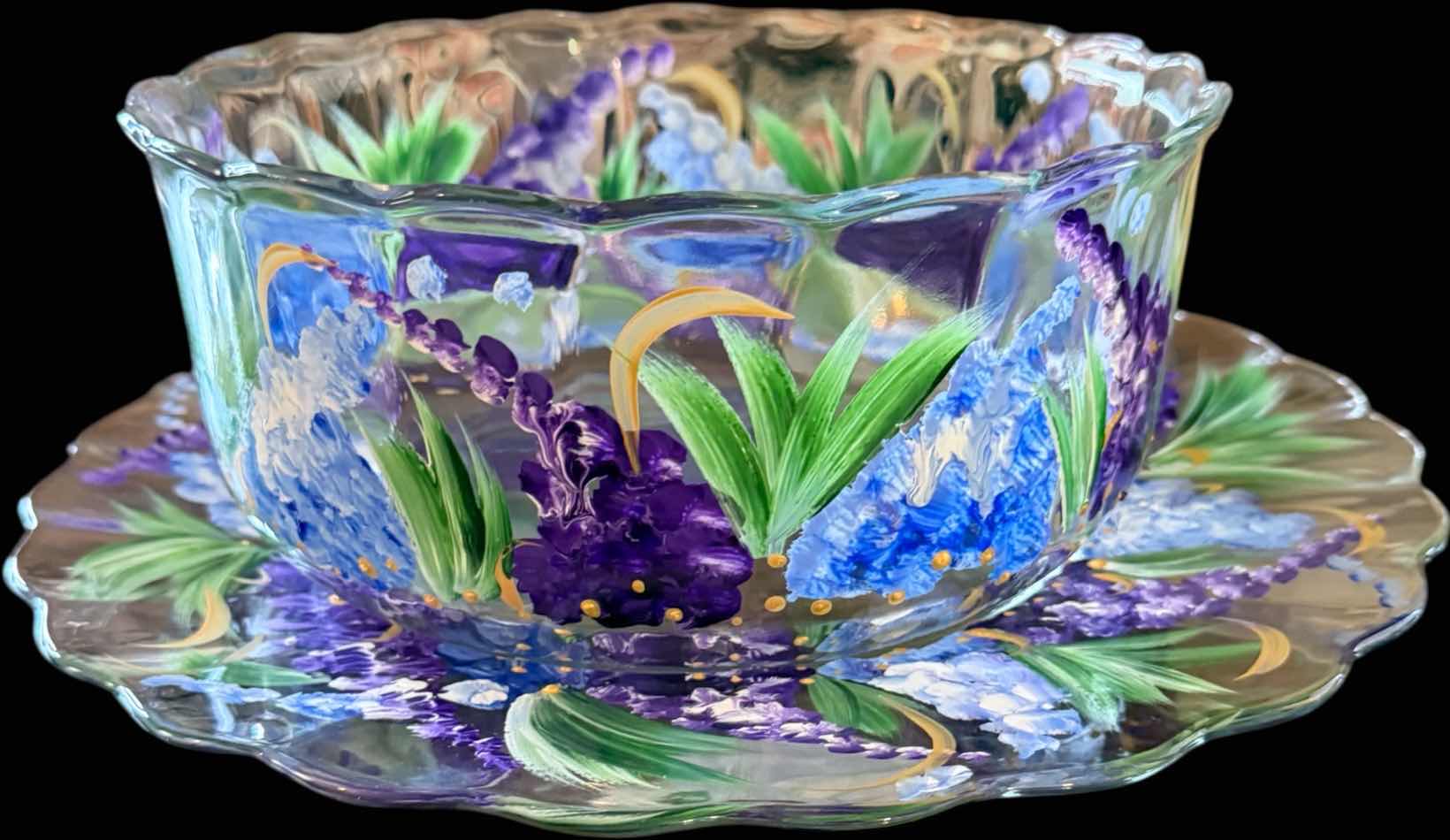 Photo 1 of PAINTED FLORAL GLASS BOWL ON MATCHING FLORAL PLATE BOWL D10” PLATE D14”