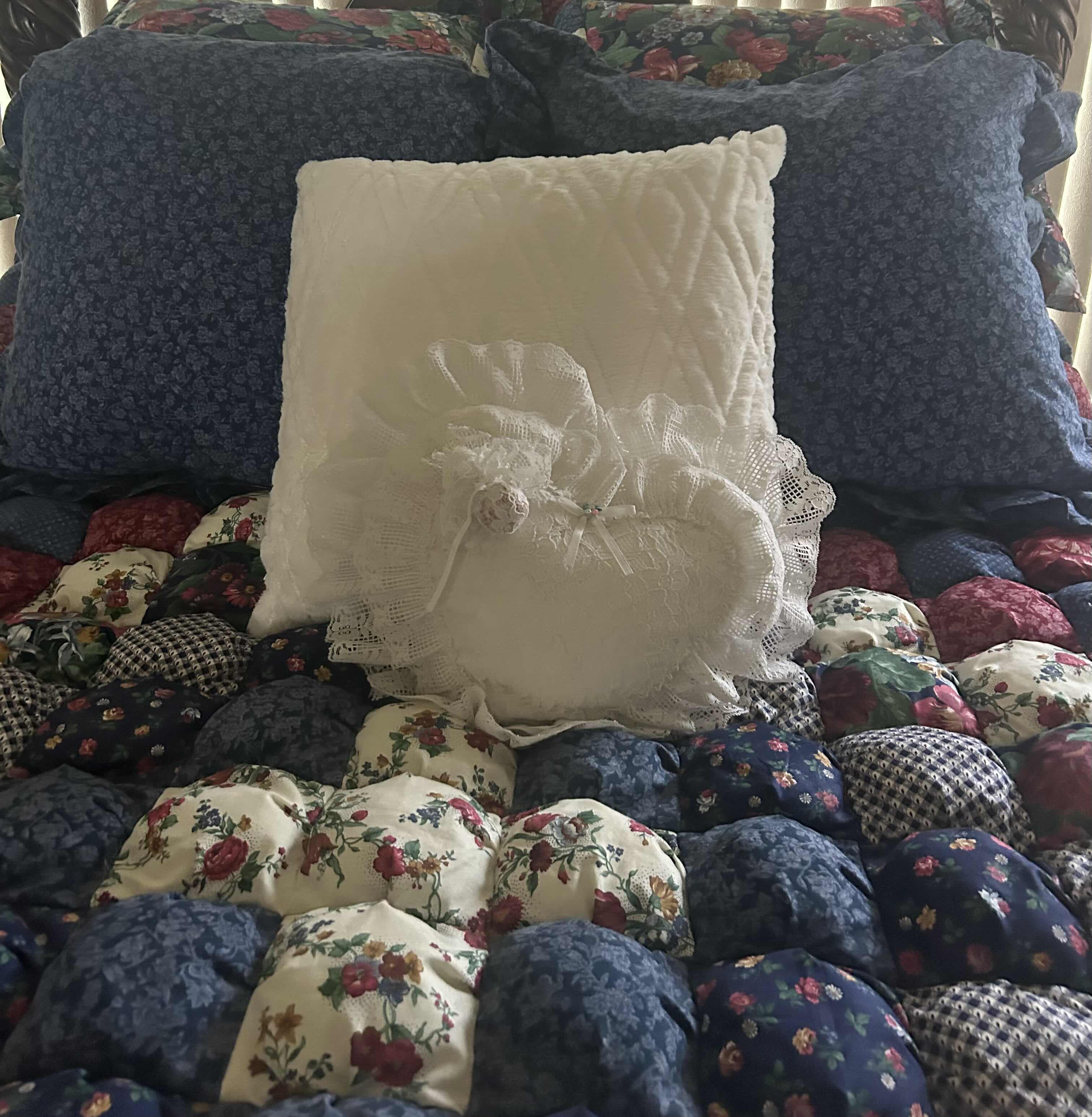 Photo 1 of JC PENNY HOME COLLECTION QUEEN PUFFY PATCHWORK COMFORTER W BED SKIRT AND 6 DECORATIVE PILLOWS BED SOLD SEPERATELY