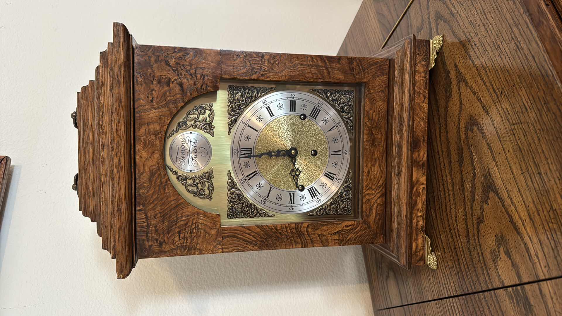 Photo 1 of ANTIQUE ENGLISH FINE WOOD MANTLE CLOCK W PERSONAL EDGING ON GLASS H18” W11”