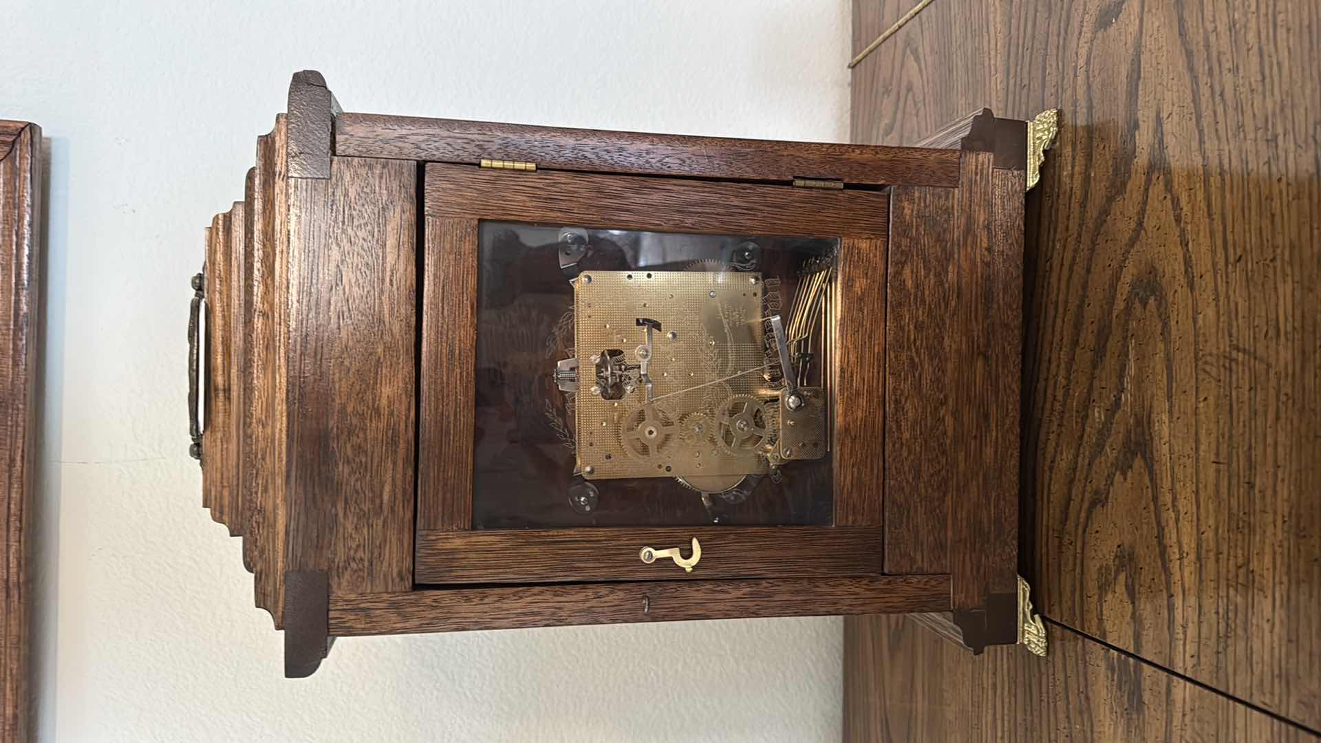 Photo 1 of ANTIQUE ENGLISH FINE WOOD MANTLE CLOCK W PERSONAL EDGING ON GLASS H18” W11”