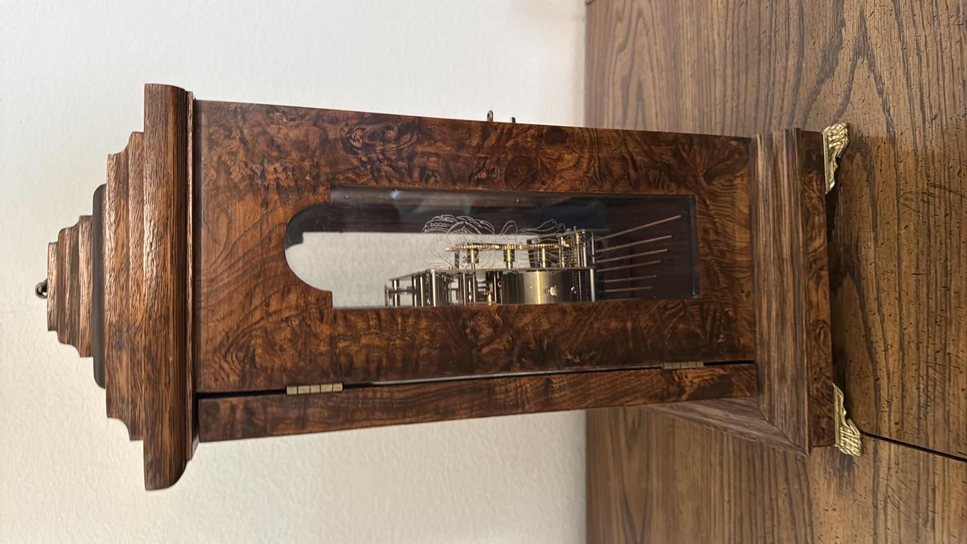 Photo 1 of ANTIQUE ENGLISH FINE WOOD MANTLE CLOCK W PERSONAL EDGING ON GLASS H18” W11”