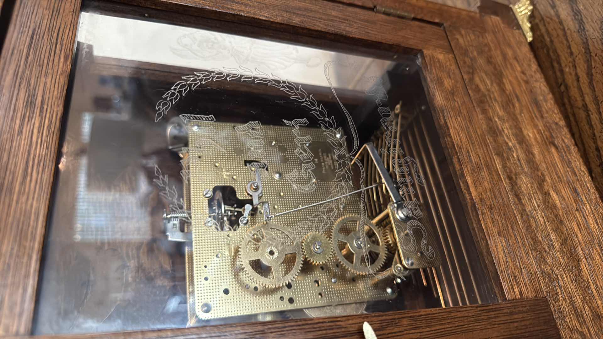 Photo 1 of ANTIQUE ENGLISH FINE WOOD MANTLE CLOCK W PERSONAL EDGING ON GLASS H18” W11”