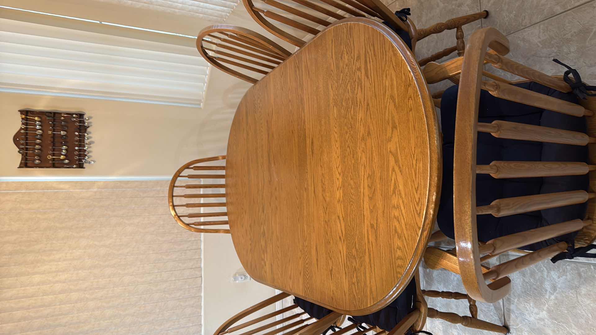 Photo 1 of OAK DINING TABLE W 6 WINDSOR CHAIRS (2 ARM CHAIRS & 4 SIDE) 70”x42” H29”