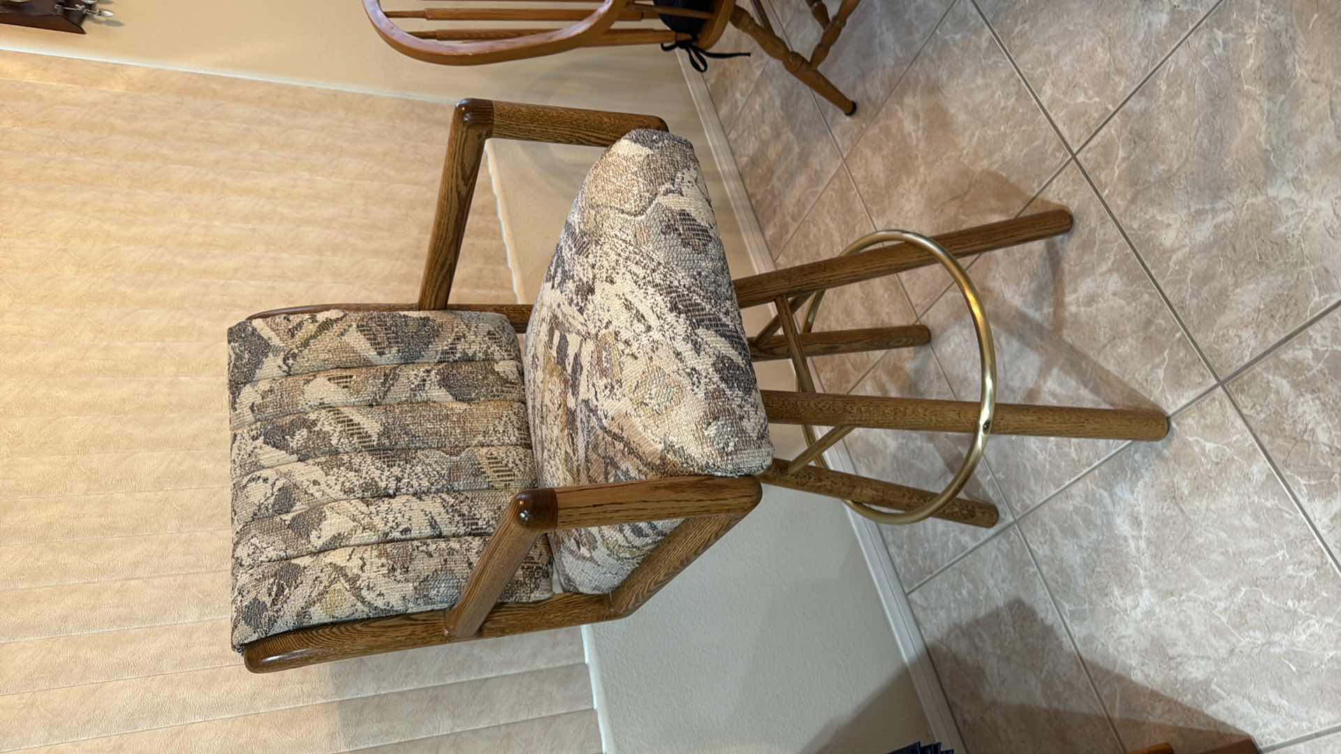 Photo 1 of TALL OAK SWIVEL UPHOLSTERED BAR STOOL SEAT H 33”