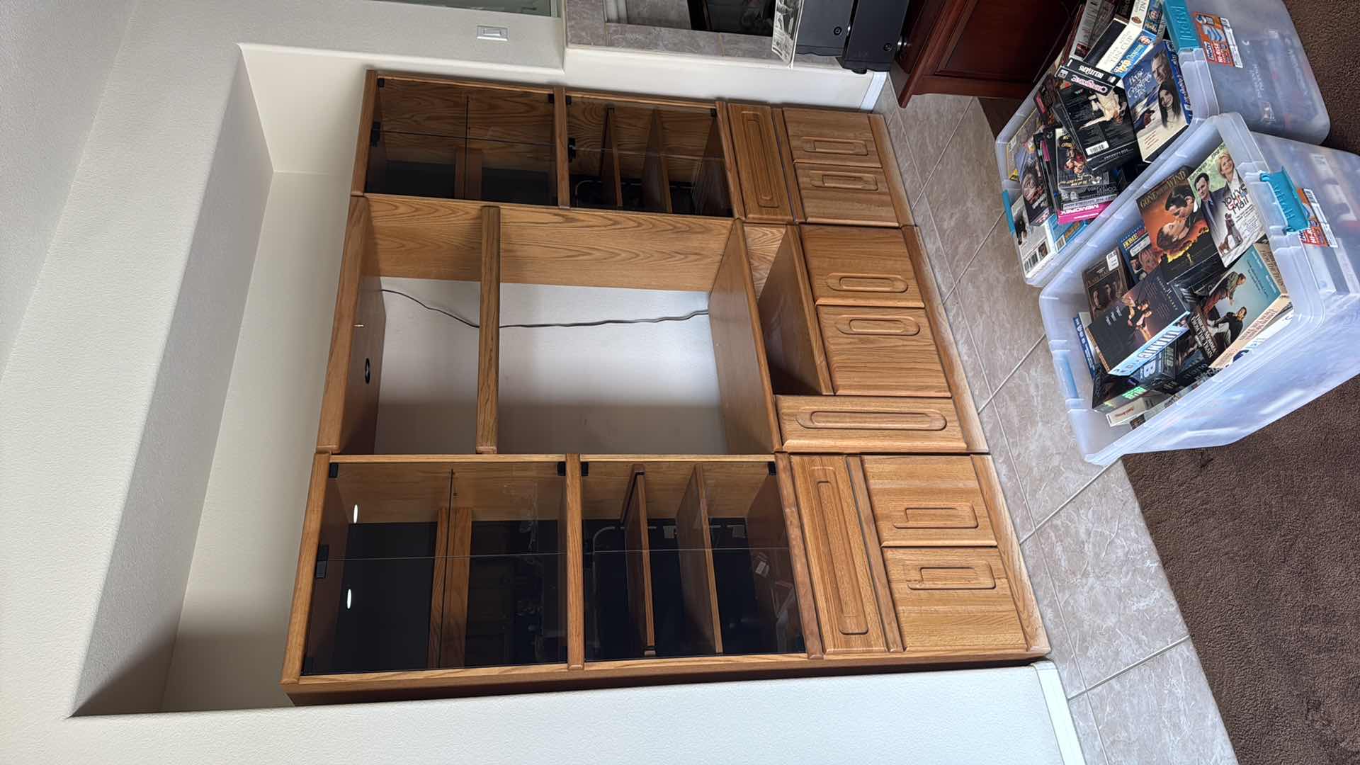 Photo 1 of 4 PC-SOLID OAK ENTERTAINMENT CENTER W SMOKED GLASS DOORS 87” x 16” H77”