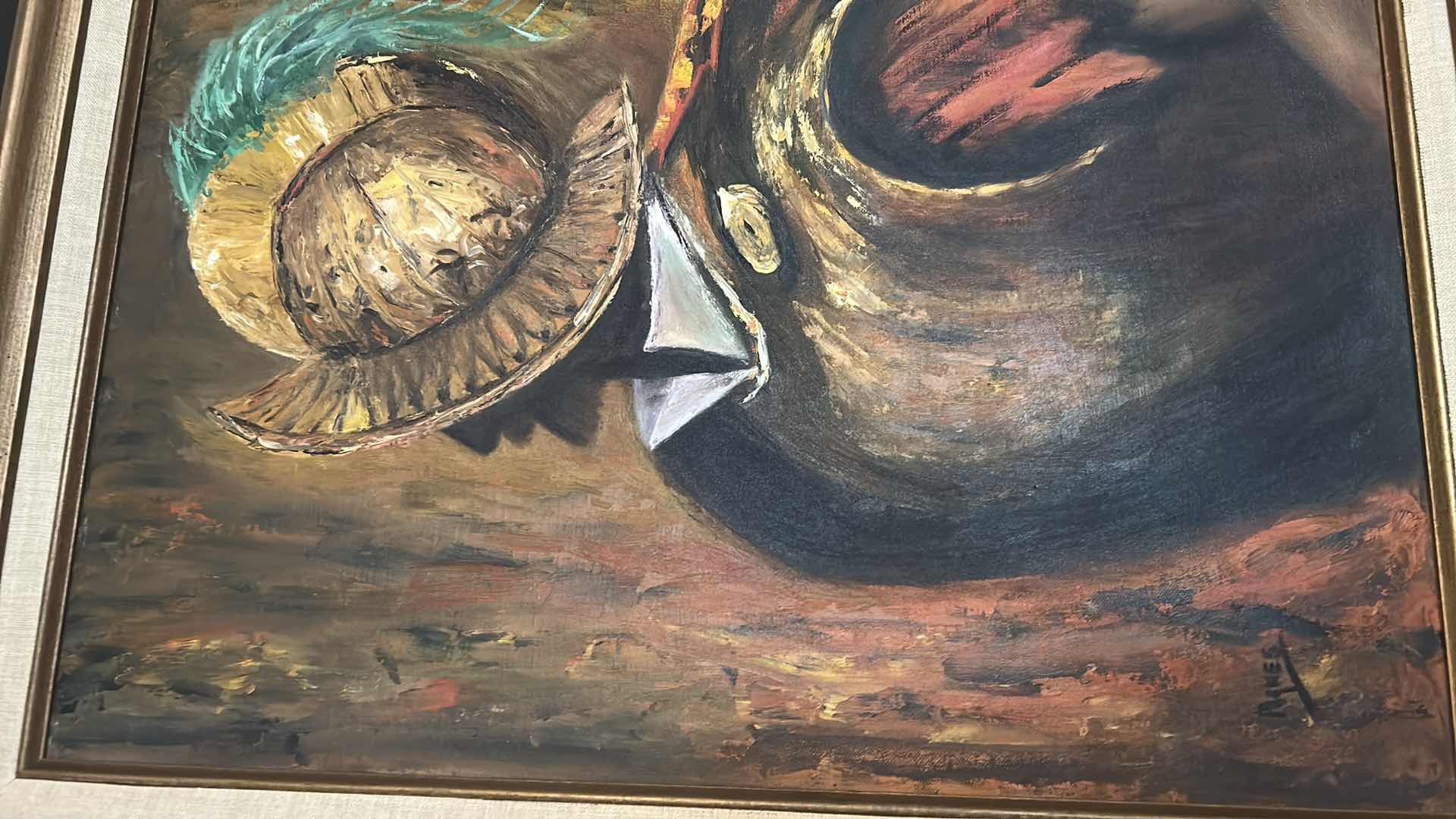 Photo 1 of FRAMED MID CENTURY OIL ARTWORK “CONQUISTADOR “ SIGNED BY AGNES RIETOW 26” X 31”