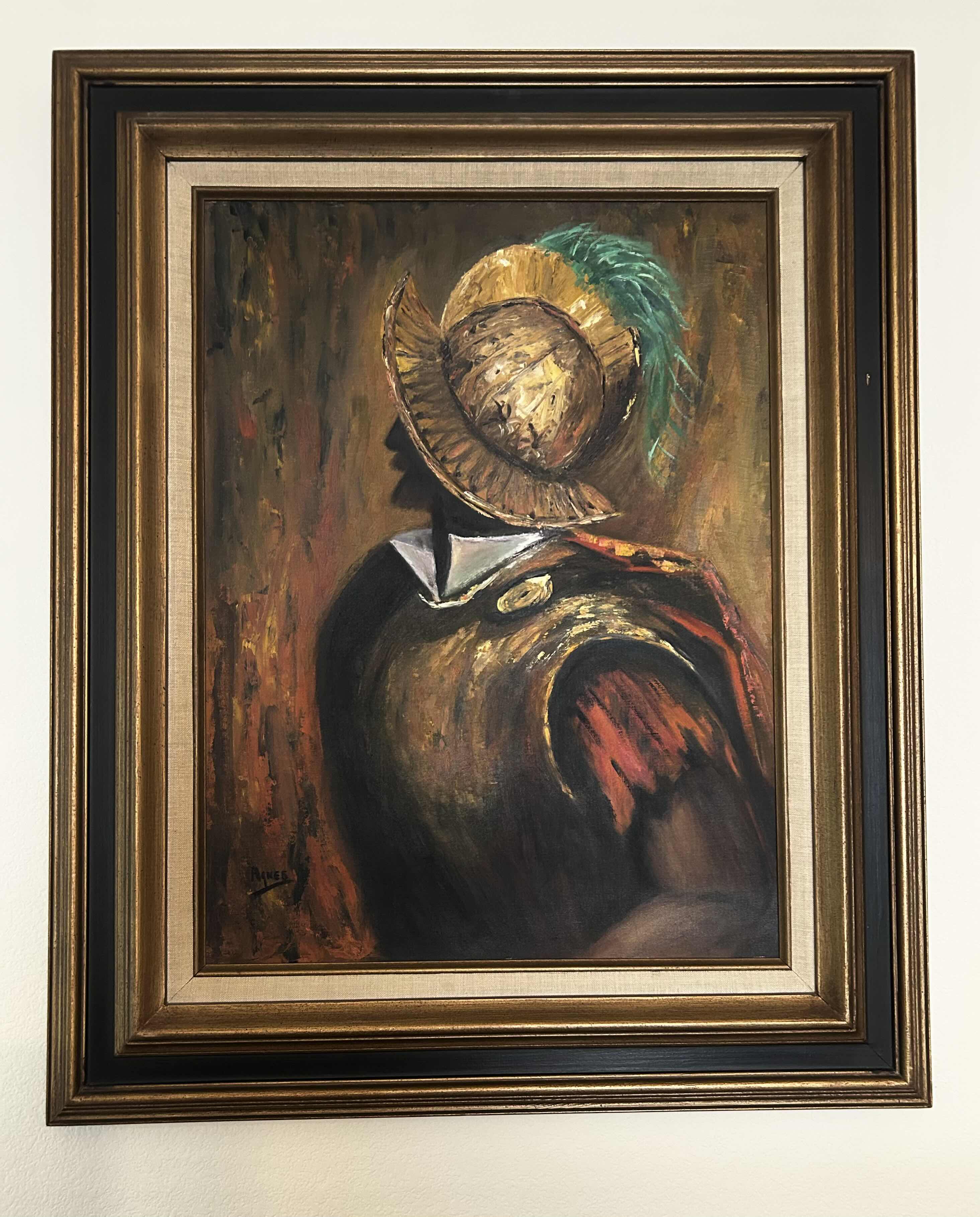 Photo 1 of FRAMED MID CENTURY OIL ARTWORK “CONQUISTADOR “ SIGNED BY AGNES RIETOW 26” X 31”