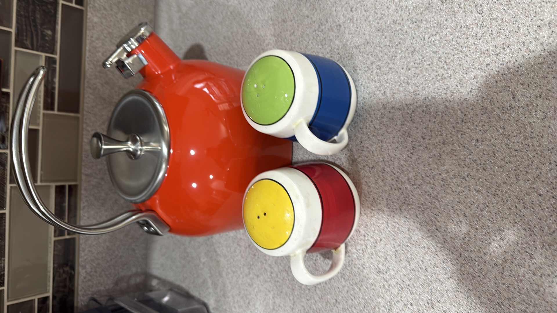 Photo 1 of RED KATE SPADE 2.5 QUART KETTLE & CERAMIC SALT & PEPPER SHAKERS