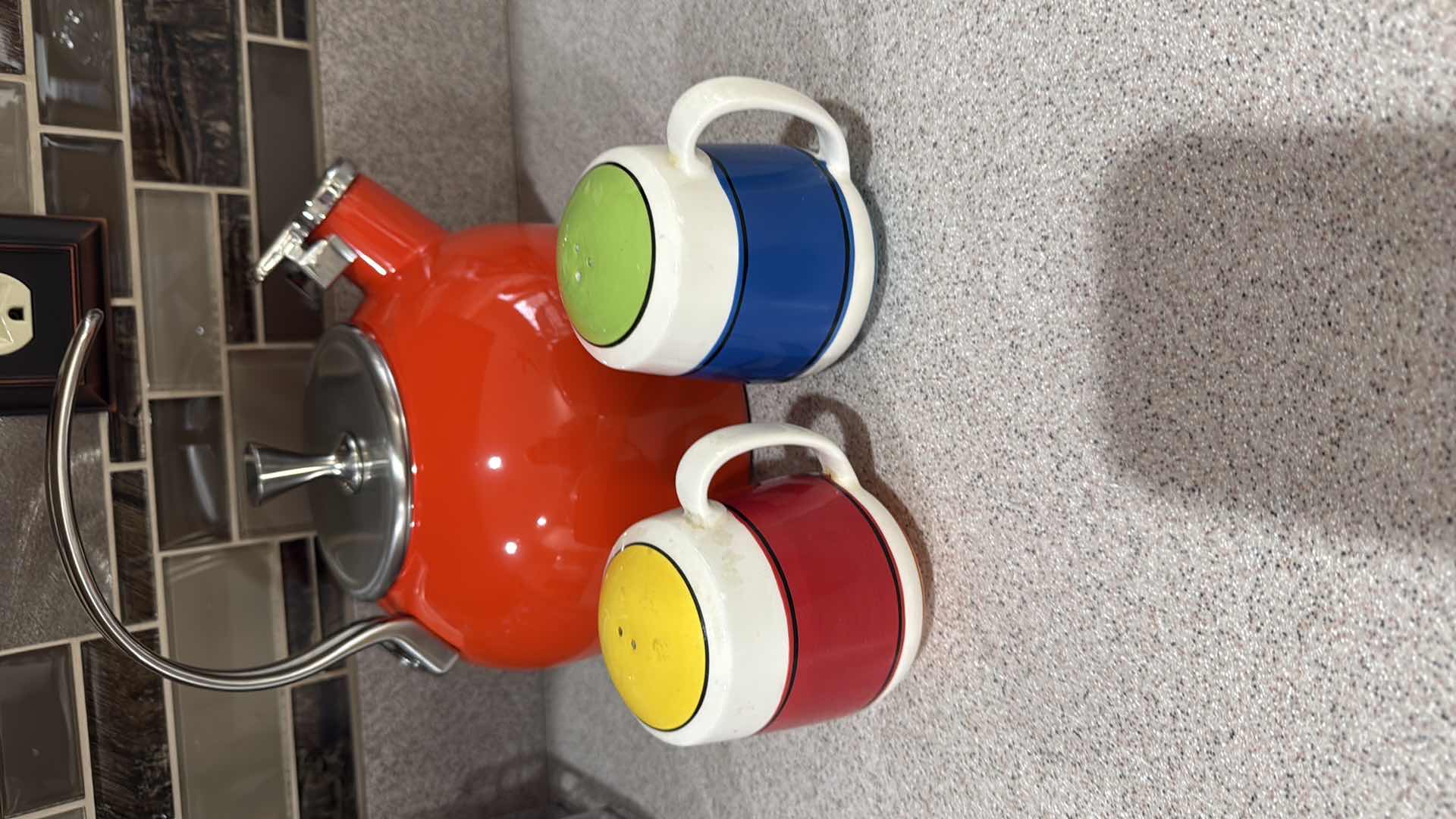 Photo 1 of RED KATE SPADE 2.5 QUART KETTLE & CERAMIC SALT & PEPPER SHAKERS