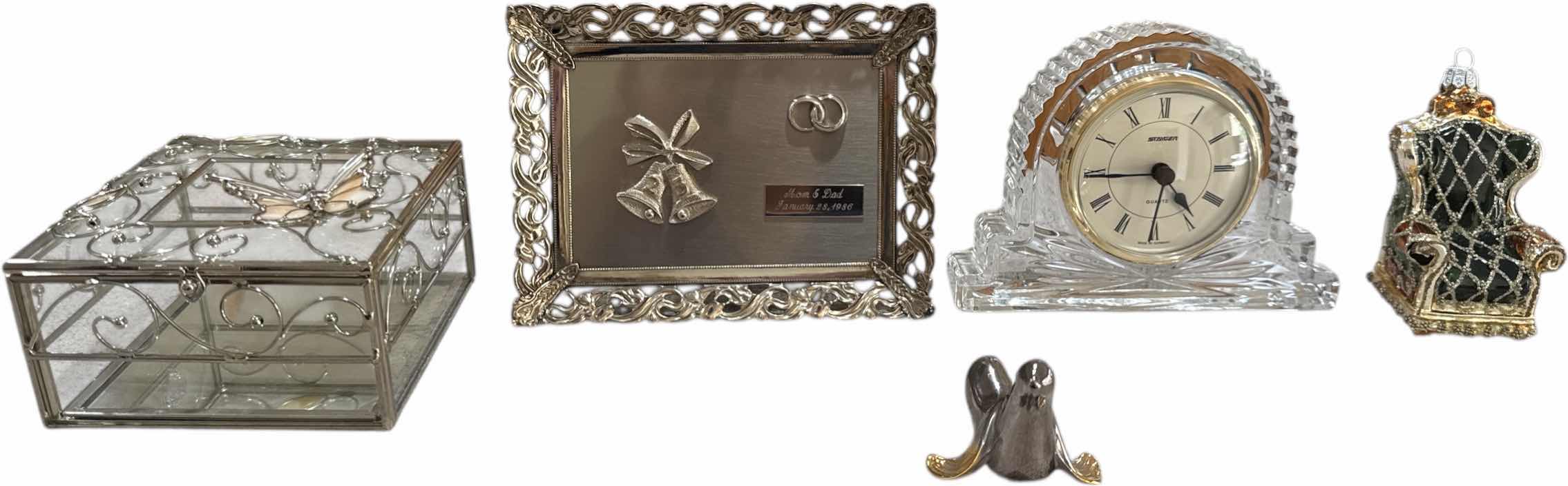 Photo 1 of 5- VINTAGE HOME DECOR, STAIGER CLOCK, GLASS JEWELRY BOX, FRAME, SEAL, AND ORNAMENT 

JEWELRY BOX
4” X 4” X H2.25”