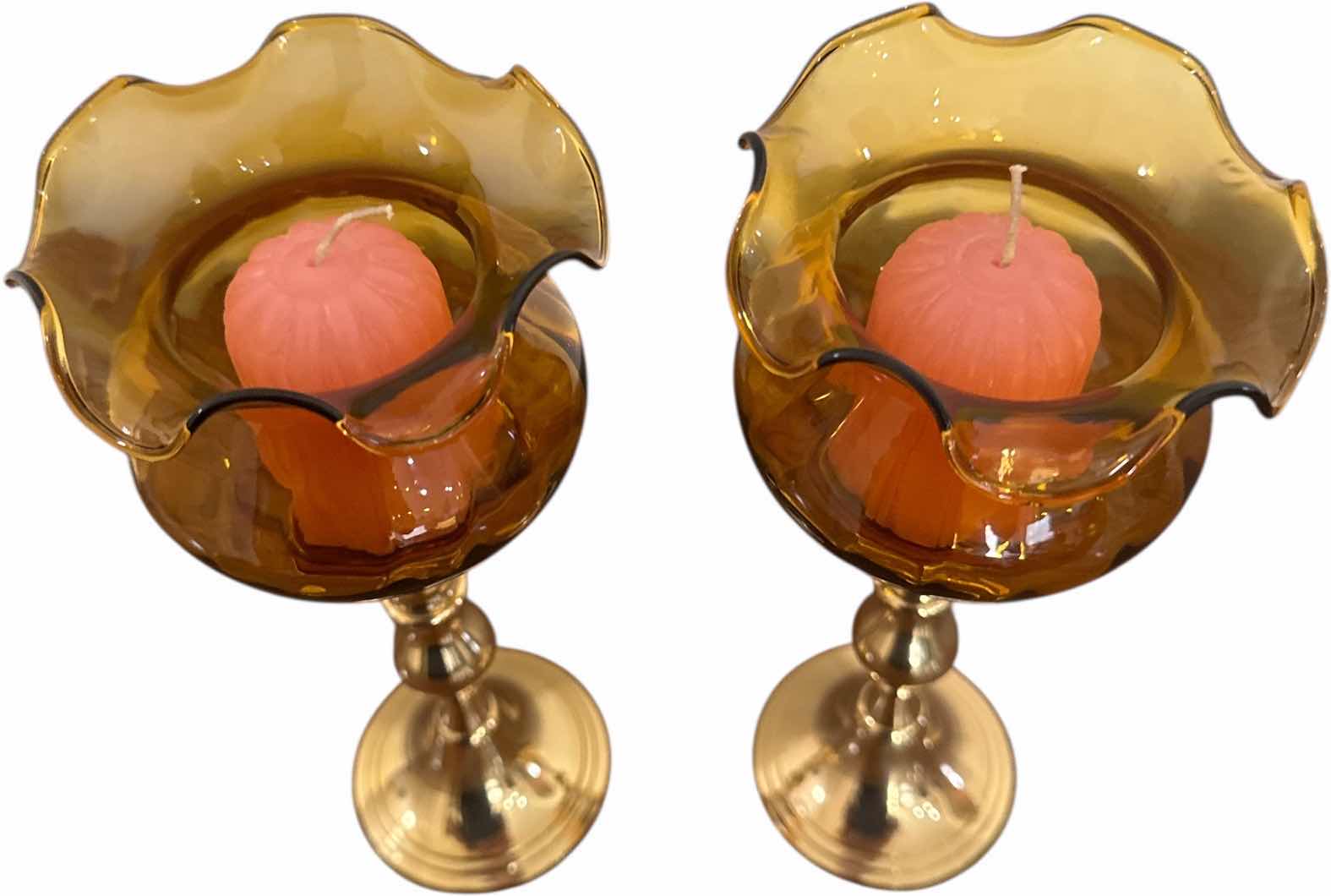 Photo 1 of 2- VINTAGE AMBER GLASS CANDLE HOLDERS
H8.5”