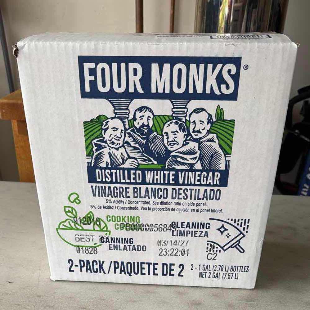 Photo 1 of 2-NEW FOUR MONKS DISTILLED WHITE VINEGAR (1 GALLON BOTTLES), PARTIAL BOTTLE