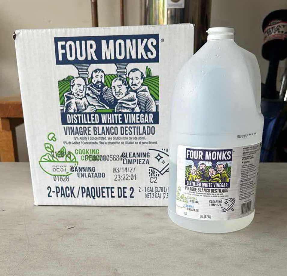 Photo 1 of 2-NEW FOUR MONKS DISTILLED WHITE VINEGAR (1 GALLON BOTTLES), PARTIAL BOTTLE