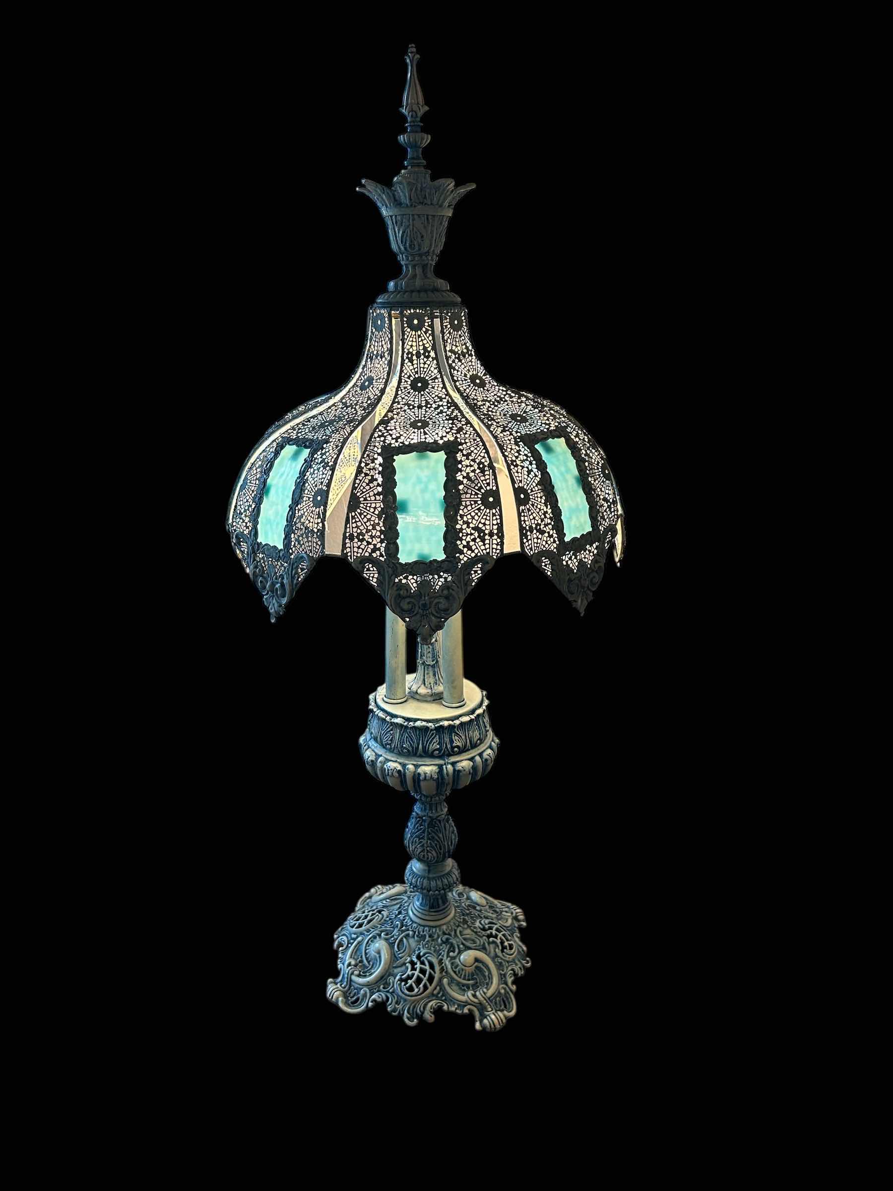 Photo 1 of ORNATE VINTAGE TABLE LAMP DECORATIVE METAL OVERLAYS W SLAG GLASS SHADE H 33”