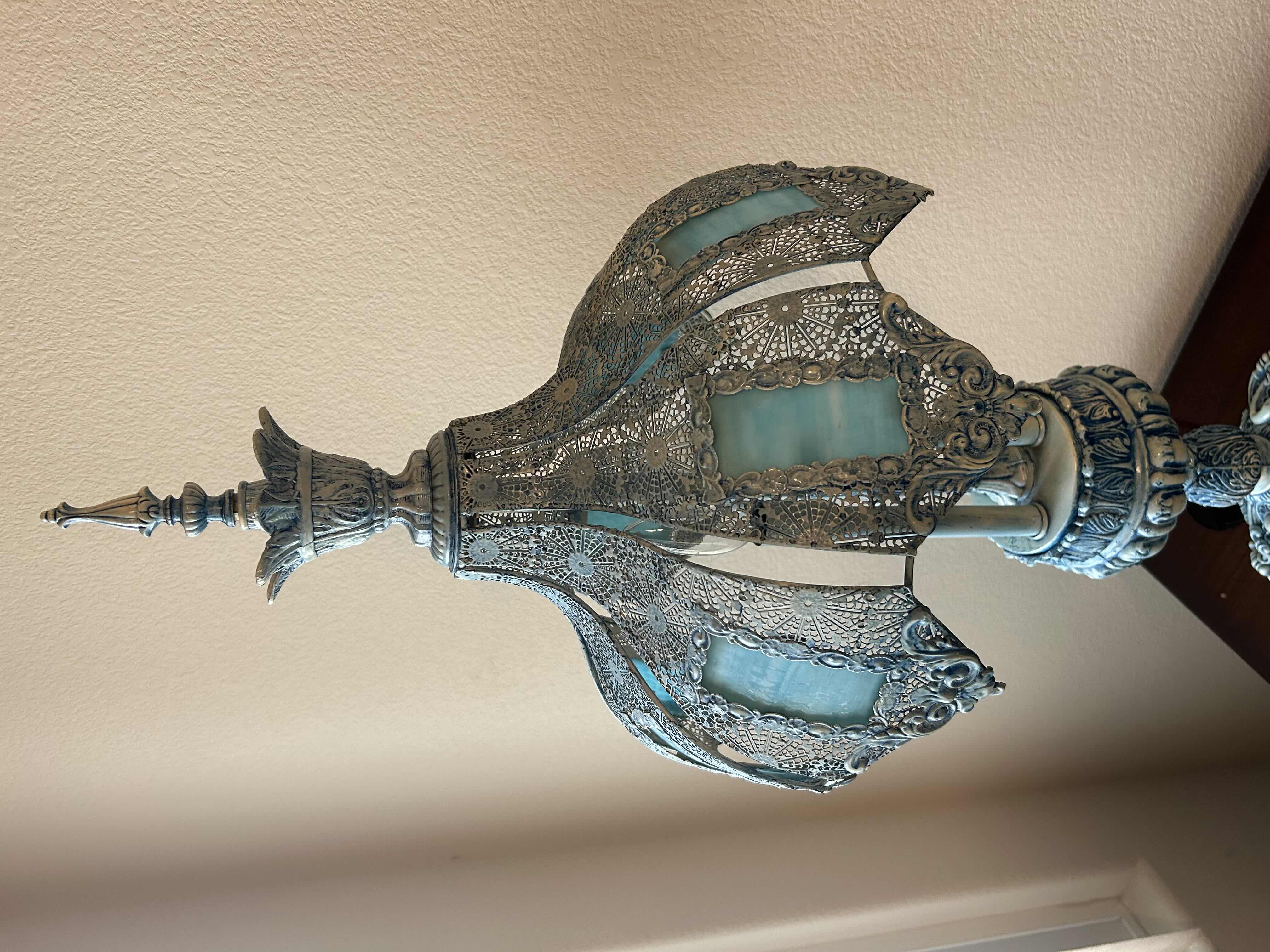 Photo 1 of ORNATE VINTAGE TABLE LAMP DECORATIVE METAL OVERLAYS W SLAG GLASS SHADE H 33”