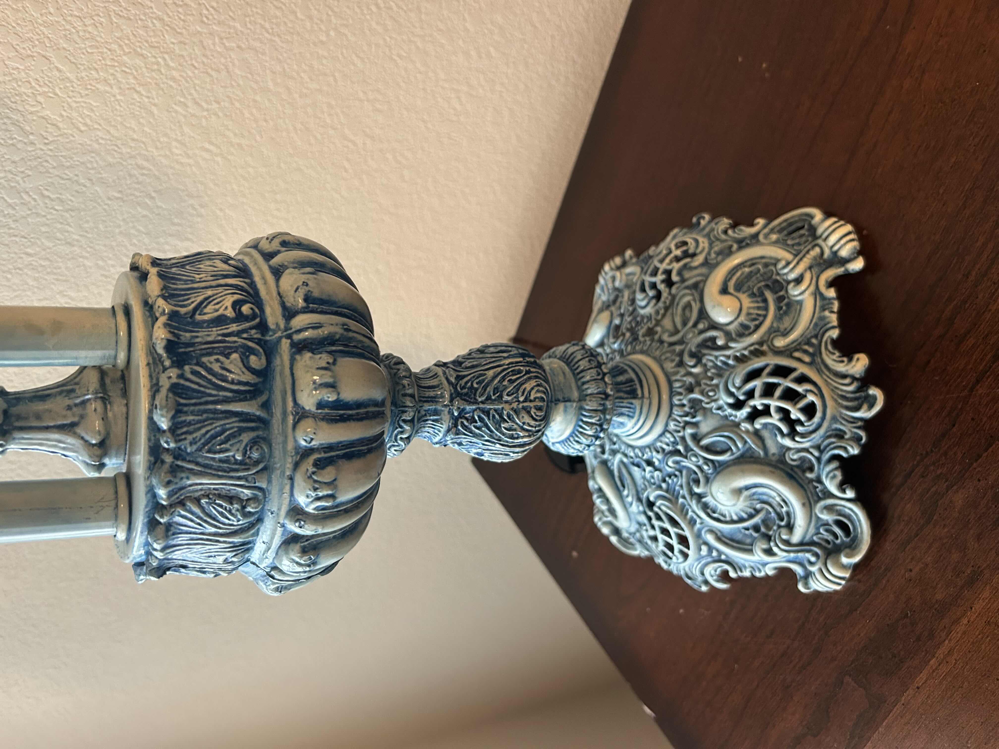 Photo 1 of ORNATE VINTAGE TABLE LAMP DECORATIVE METAL OVERLAYS W SLAG GLASS SHADE H 33”