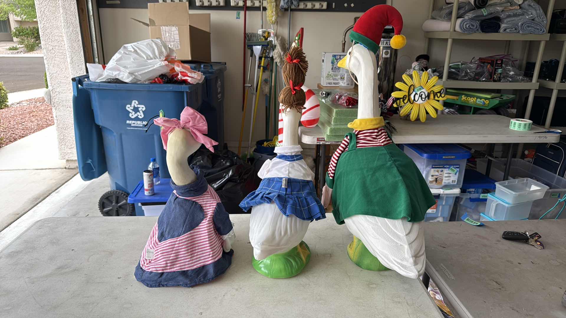 Photo 1 of 3-PLASTIC DUCK STATUE W SPECIAL OCCASION CLOTHES H24”, 18”,16”