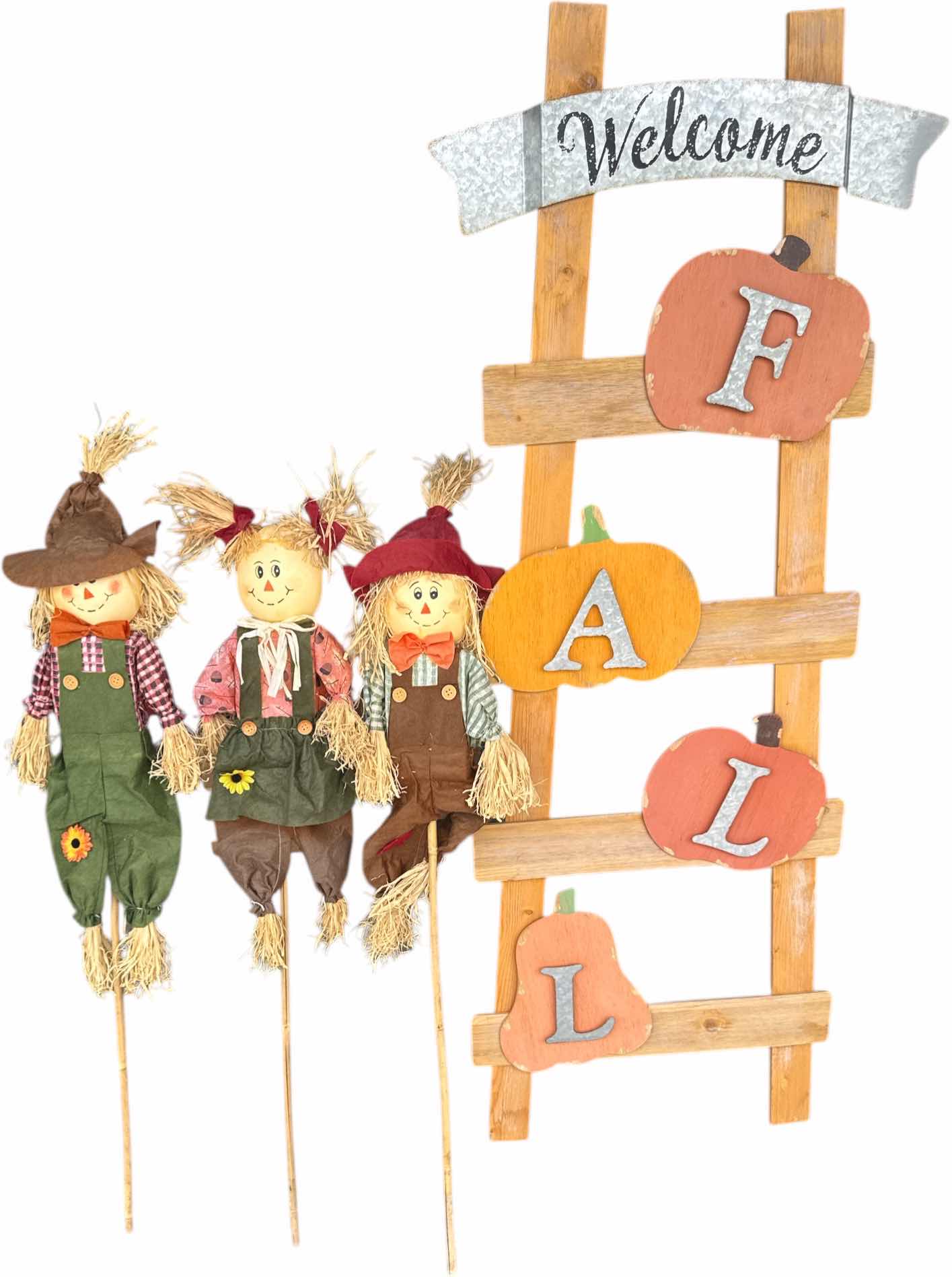 Photo 1 of OUTDOOR FALL DECOR SCARECROWS AND WELCOME LADDER 
H56” AND SMALLER