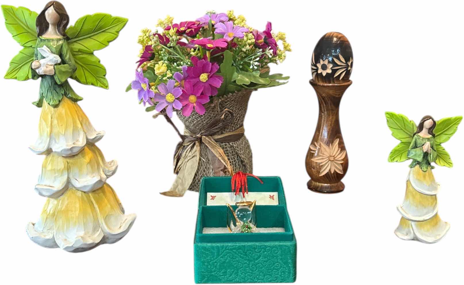 Photo 1 of 5- VINTAGE HOME DECOR FAUX FLOWERS RESIN FARIES MINIATURE GLASS ANGEL WOODEN CARVED VASE AND EGG
H8” AND SMALLER