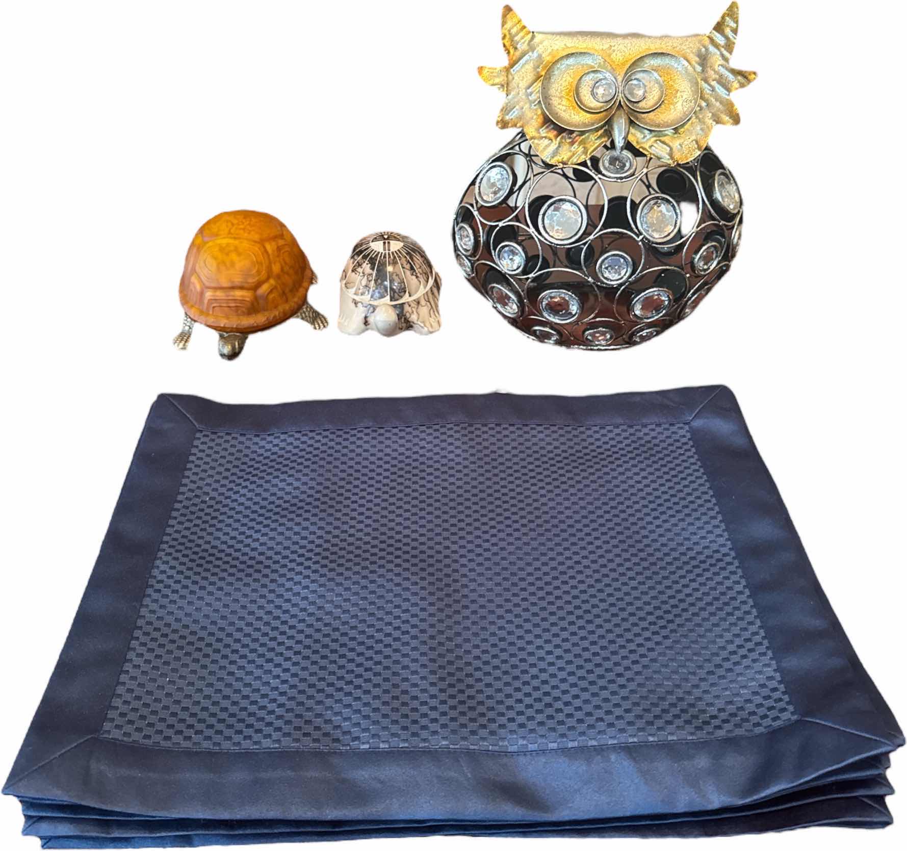 Photo 1 of 4- HOME DECOR 12 DINNER PLACEMATS METAL OWL TORTOISE AND CERAMIC TURTLE 
H11” AND SMALLER