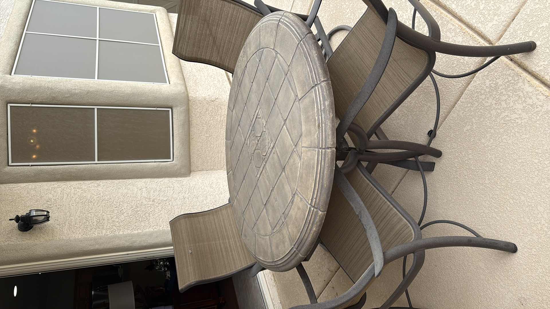 Photo 1 of 50” ROUND HEAVY PATIO TABLE W 2 ARM SWIVEL CHAIRS & 2 ARM CHAIRS