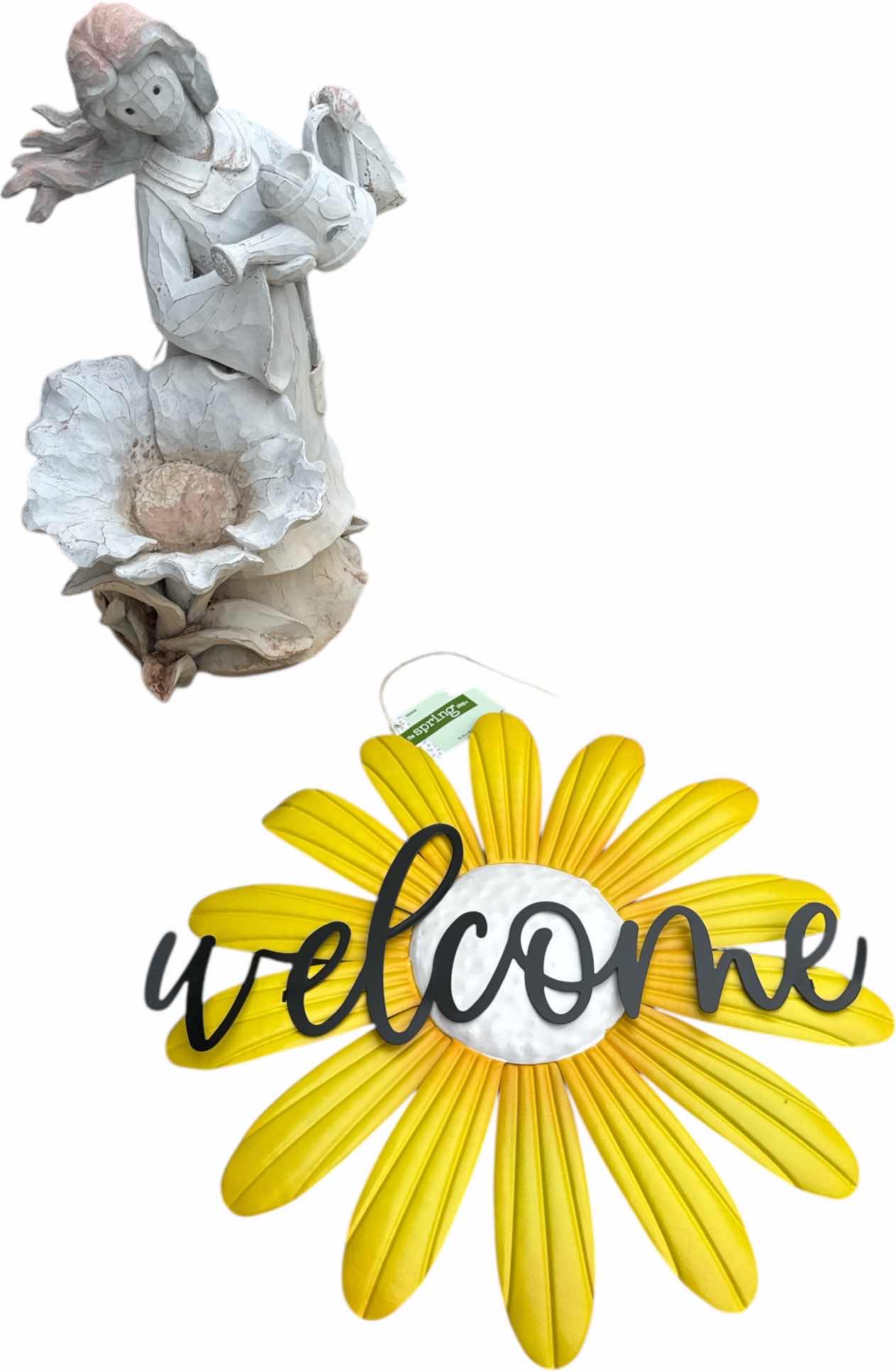 Photo 1 of 2-OUTDOOR DECOR ANGEL RESIN FIGURINE AND WELCOME DECORATION METAL 
H20”