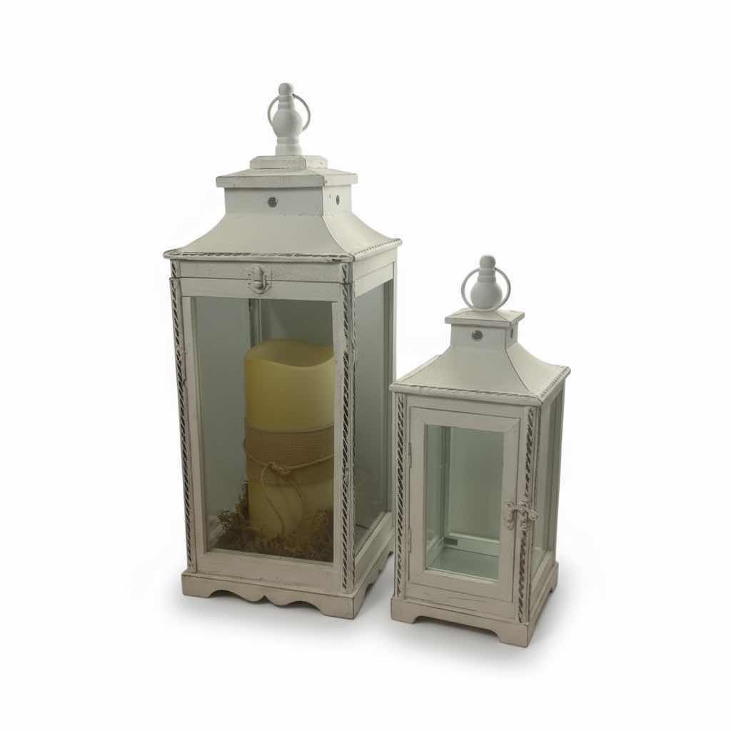 Photo 1 of 2 WHITE WOOD DECORATIVE LANTERNS ( TALLEST H 22”)