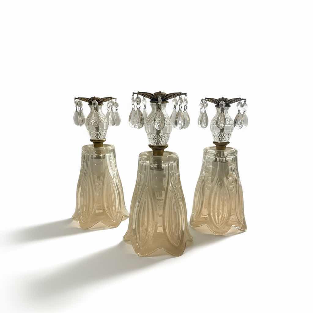 View 1 of 3 VINTAGE BRASS AND CRYSTAL HANGING LAMP FIXTURES 6” x 15”