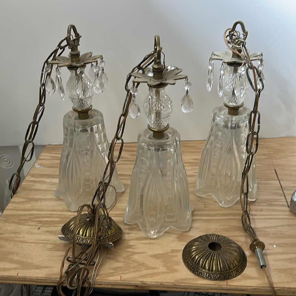 View 4 of 3 VINTAGE BRASS AND CRYSTAL HANGING LAMP FIXTURES 6” x 15”