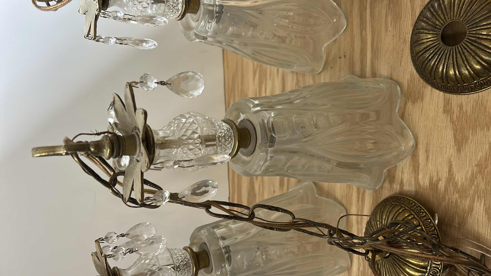 View 2 of 3 VINTAGE BRASS AND CRYSTAL HANGING LAMP FIXTURES 6” x 15”