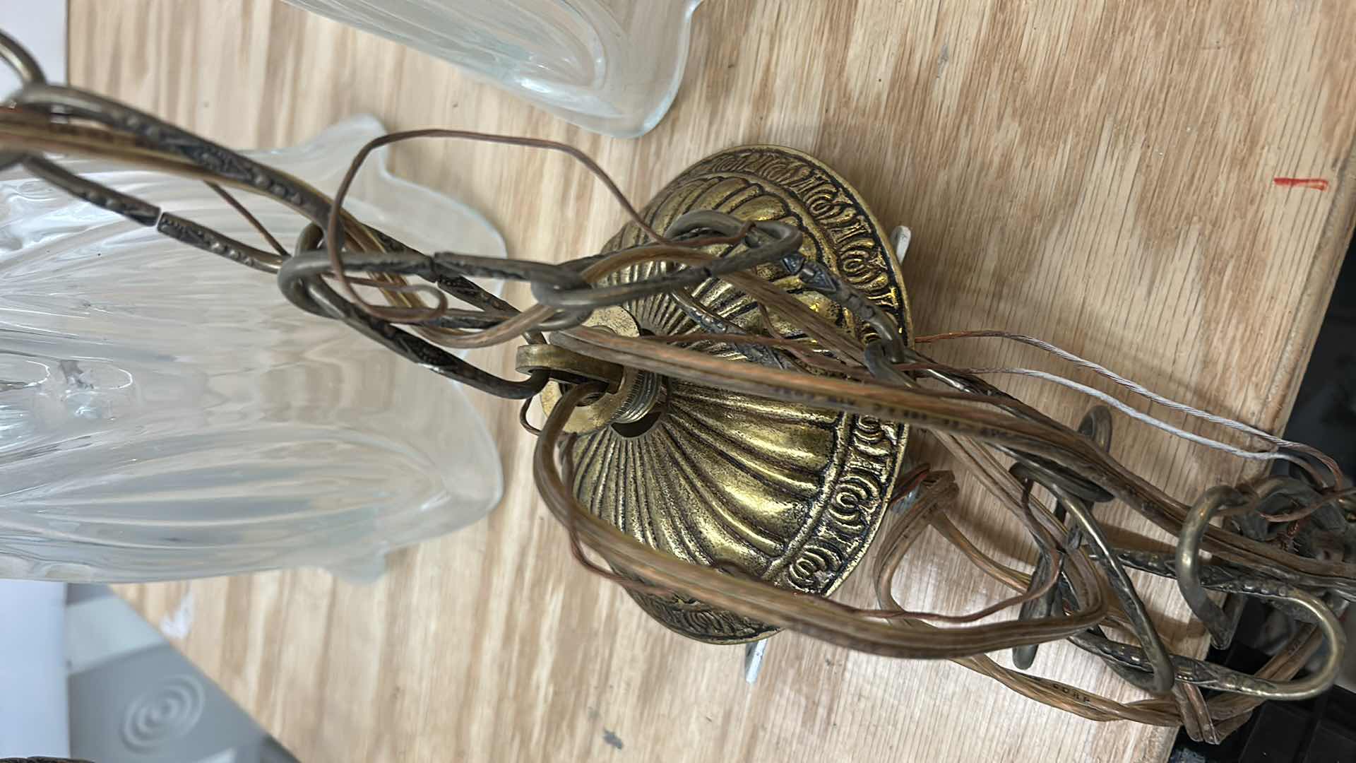 View 3 of 3 VINTAGE BRASS AND CRYSTAL HANGING LAMP FIXTURES 6” x 15”