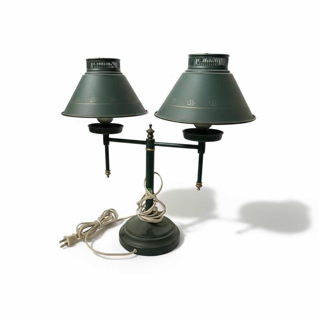 Photo 1 of VINTAGE TABLE LAMP /  GREEN TIN WITH GOLD FLOWERS AND TRIM H16” WITHOUT BULBS